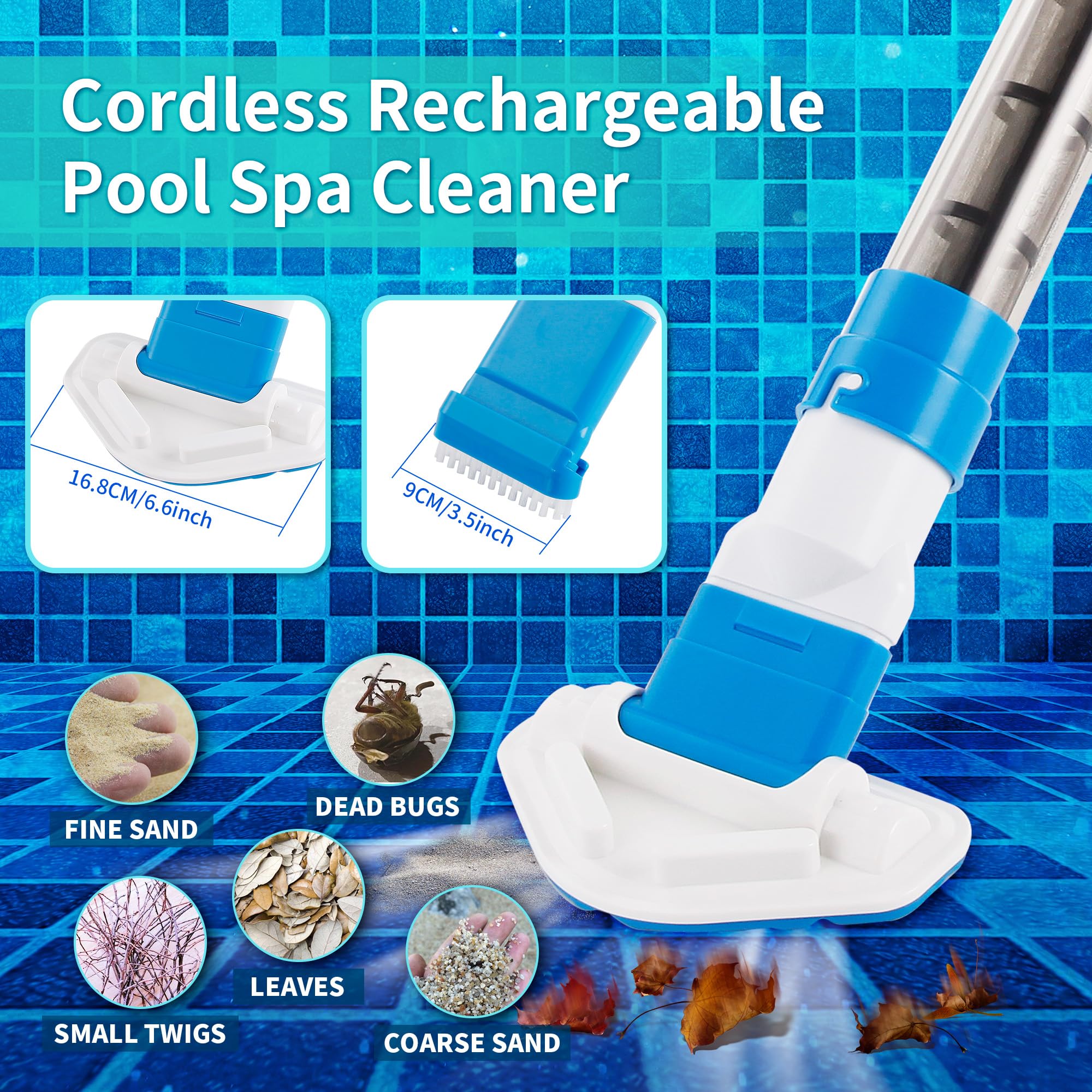 Cordless Handheld Pool Vacuum Cleaner with Replaceable Brush Head & Telescopic Pole - Rechargeable Spa & Hot Tub Cleaner for Above Ground Pools | Perfect for Quick Cleaning of Small Pools, Hot Tubs, and Spas