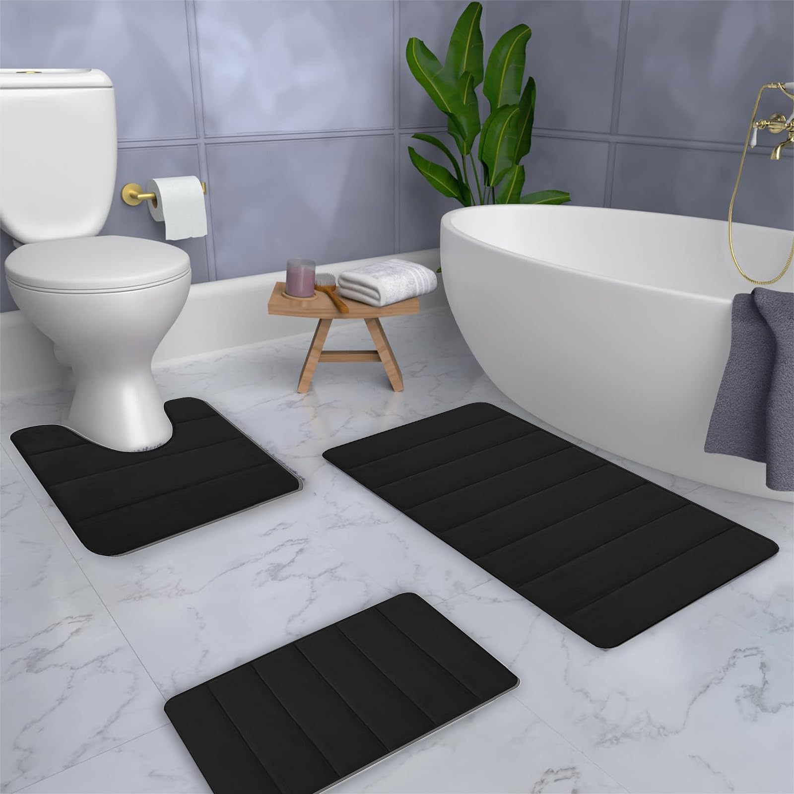 Premium 3-Piece Non-Slip Bath Mat Set - U-Shaped Toilet Rug, Super Absorbent & Machine Washable - Black Bathroom Rugs for Safety & Comfort (Perfect for Bathrooms, Showers & Vanity Areas)