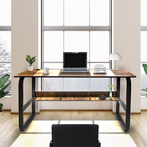 55 Inch Computer Desk with Storage Shelf - Sturdy Wooden Table & Metal Frame for Home Office, PC & Laptop Workstation (Black Oak) - Perfect for Small Spaces, Gaming Setups & Remote Work