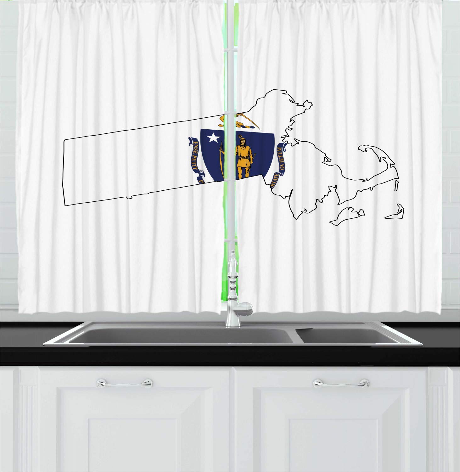 Massachusetts Kitchen Curtains Set of 2 Panels - Bay State Flag & Map Design Window Drapes for Home Decor, 55 x 39 Inches, Earth Yellow Cobalt Blue & White - Perfect for Kitchens, Cafes, and New England Themed Rooms