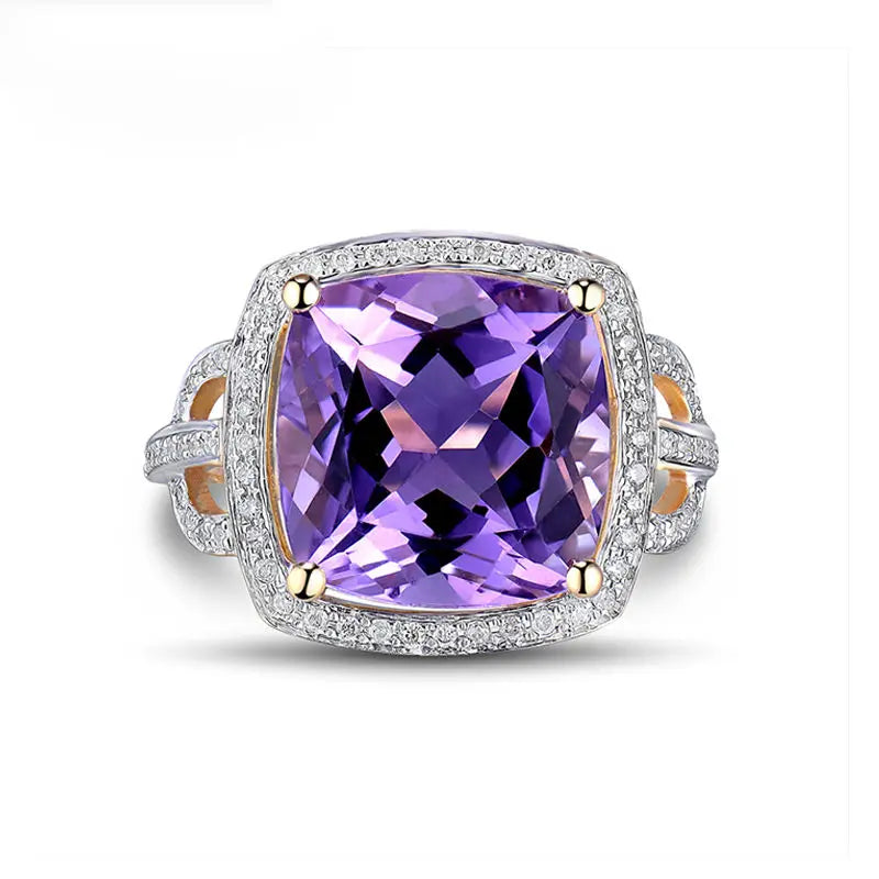 14K Gold Amethyst Cushion Cut Ring with Diamonds 12x12mm - Elegant Jewelry for Women, Perfect for Weddings, Anniversaries & Special Occasions