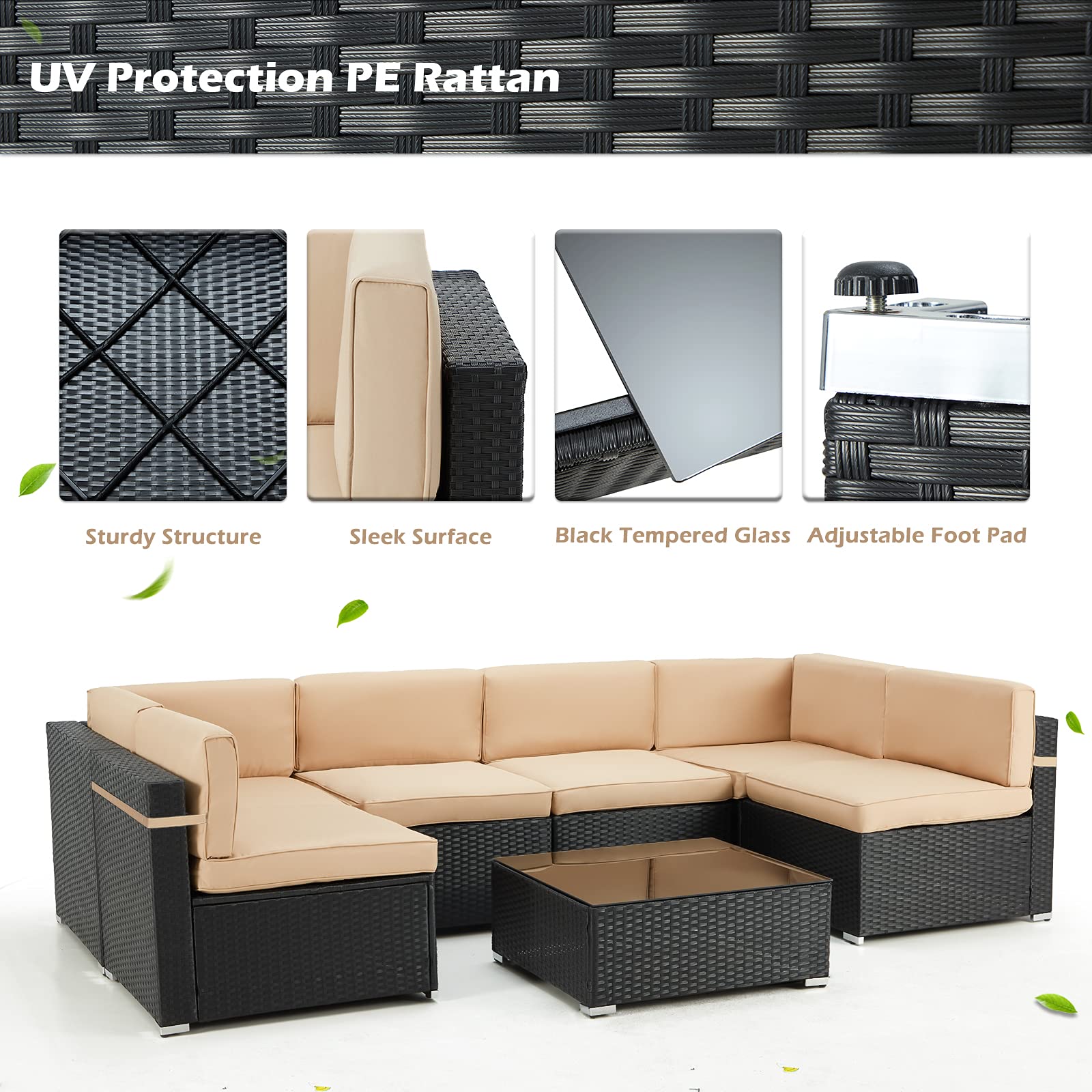 AECOJOY 7-Piece Outdoor Patio Furniture Set - PE Rattan Sectional Sofa with Coffee Table, Khaki Cushions & Black Frame - Perfect for Garden, Backyard, Poolside & Outdoor Entertaining