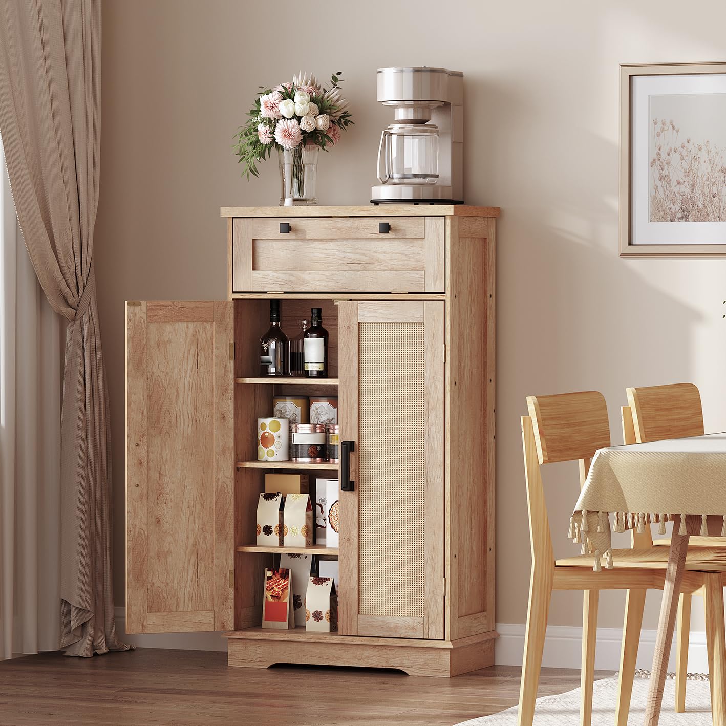 HOOBRO Farmhouse Style Kitchen Pantry Cabinet with Drawer, Adjustable Shelves & Rattan-Like Decor - Tall Storage Cabinet for Spices, Cookware & Kitchen Organization (Natural, NL12PC01) - Perfect for Small Kitchens, Dining Rooms & Farmhouse Decor