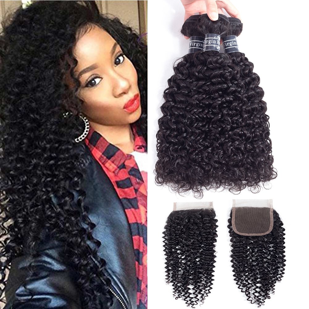 Amella Hair 100% Unprocessed Brazilian Curly Human Hair Bundles with Closure (16