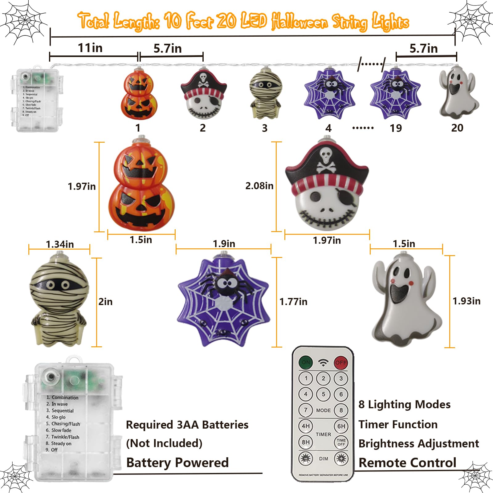 Battery Operated Halloween String Lights - 10FT, 20 LED Pumpkin Skull Spider Ghost Lights with Remote Timer | Spooky Indoor Decor for Party, Home, Yard & Haunted House Decoration