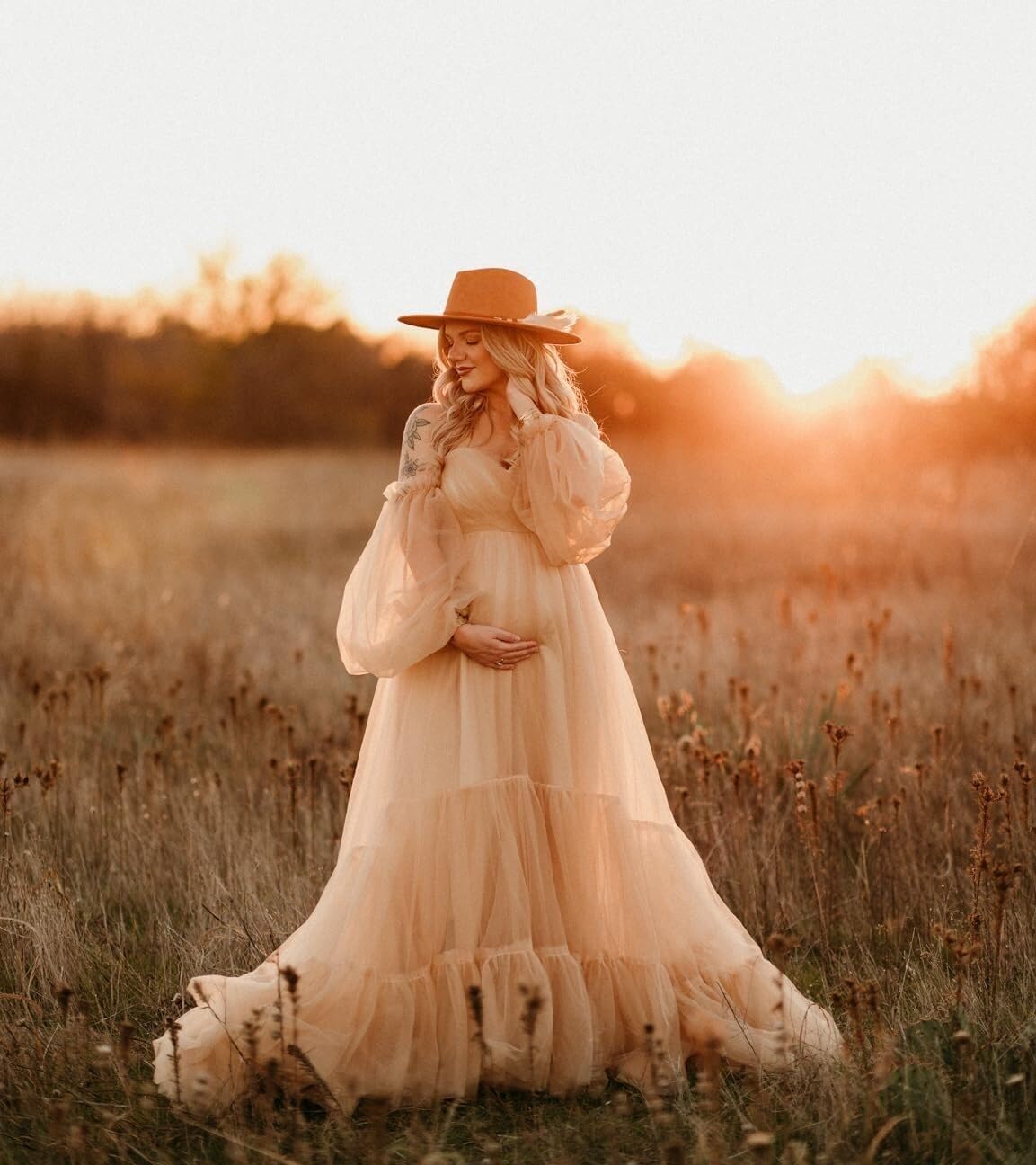 Elegant Winter Off Shoulder Tulle Maternity Dress for Photoshoot & Baby Shower - Stretchable Pregnancy Gown for Special Occasions, Maternity Photos, and Bridal Showers
