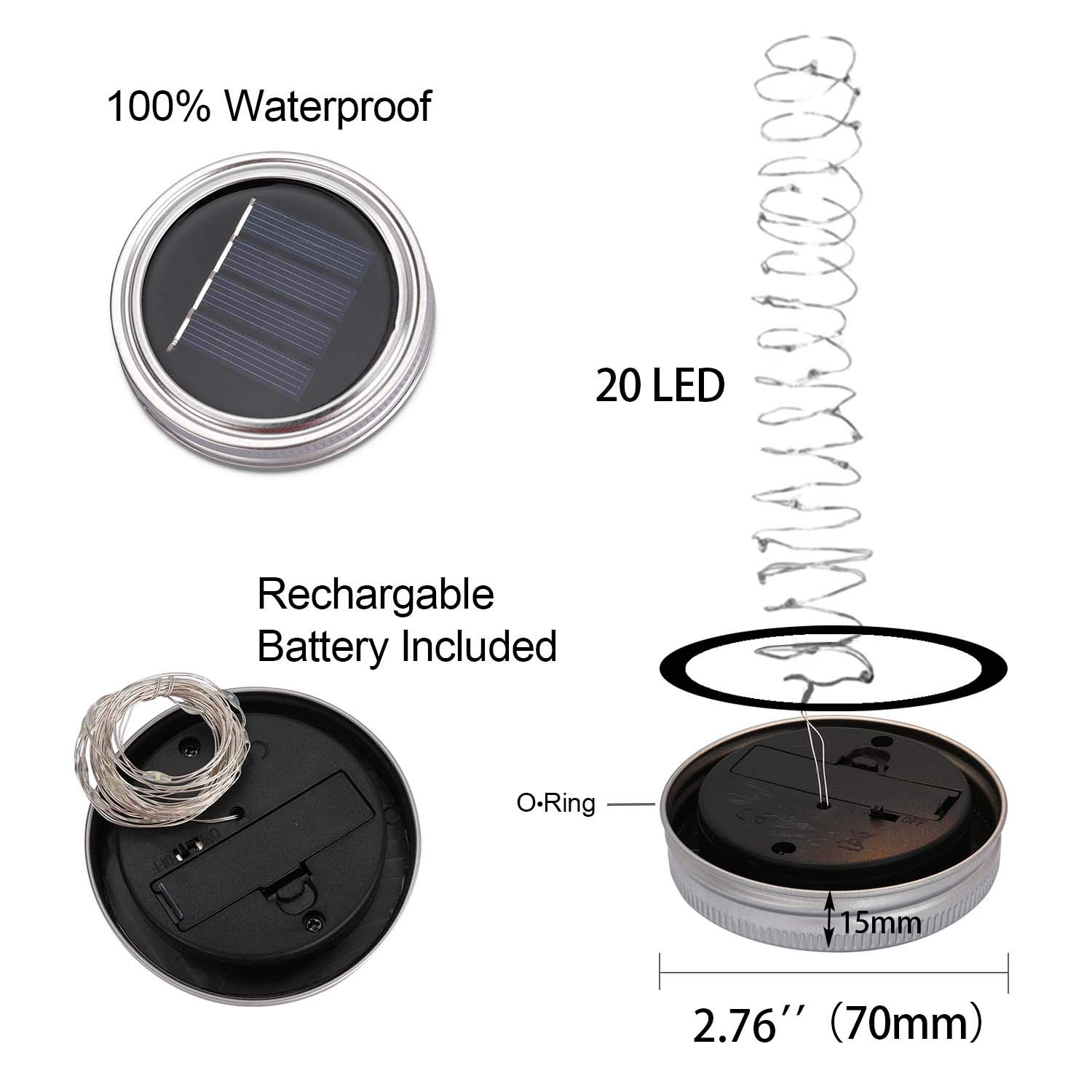MUCH Mason Jar Lights - 20 LED String Fairy Star Firefly Jar Lid Lights with Hangers for Outdoor Decor, Waterproof & Rust Resistant - 3 Pack for Patio, Garden, Wedding, Party & Table Decorations