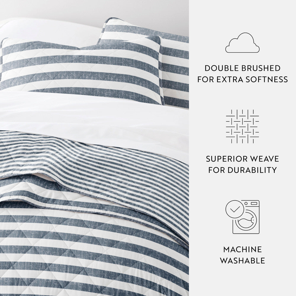 Classic Striped Reversible Quilted Coverlet Set - Queen Size Bedding with Matching Pillow Shams - Perfect for Cozy Bedrooms & Guest Rooms