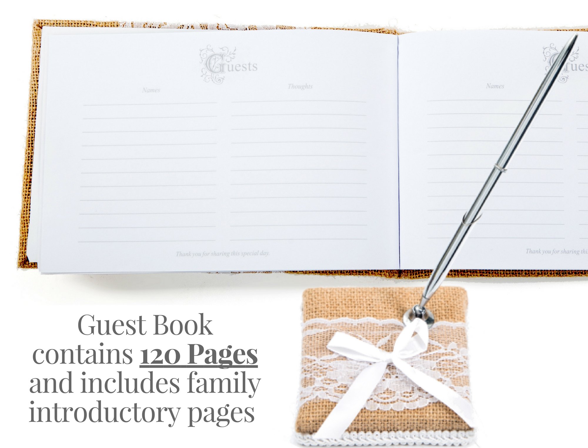 Rustic Wedding Guest Book with Burlap & Lace Cover - Includes Burlap Pen Holder & Silver Pen - 120 Lined Pages for Guest Messages - Elegant Gift Box (Petal Flower Design) - Perfect for Weddings, Anniversaries & Special Events