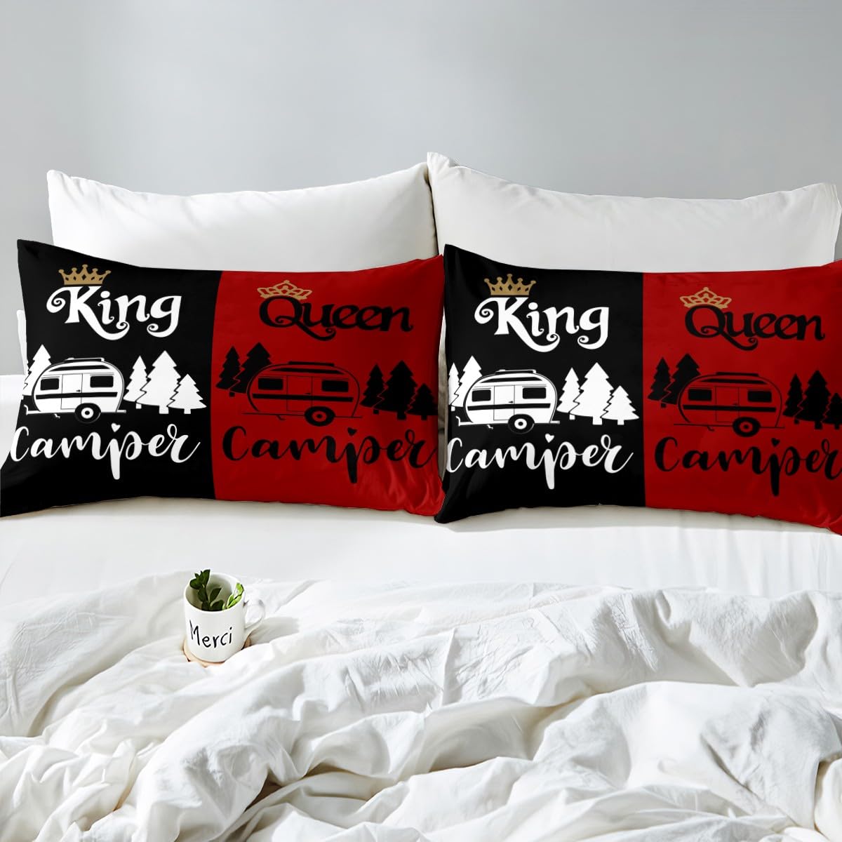 Camper Fitted Sheet Set - Queen & King Size Waterproof Camping Bedding | Happy Camping Gift for Couples, Newlyweds & Engagement | Perfect for RV, Tent & Outdoor Adventures