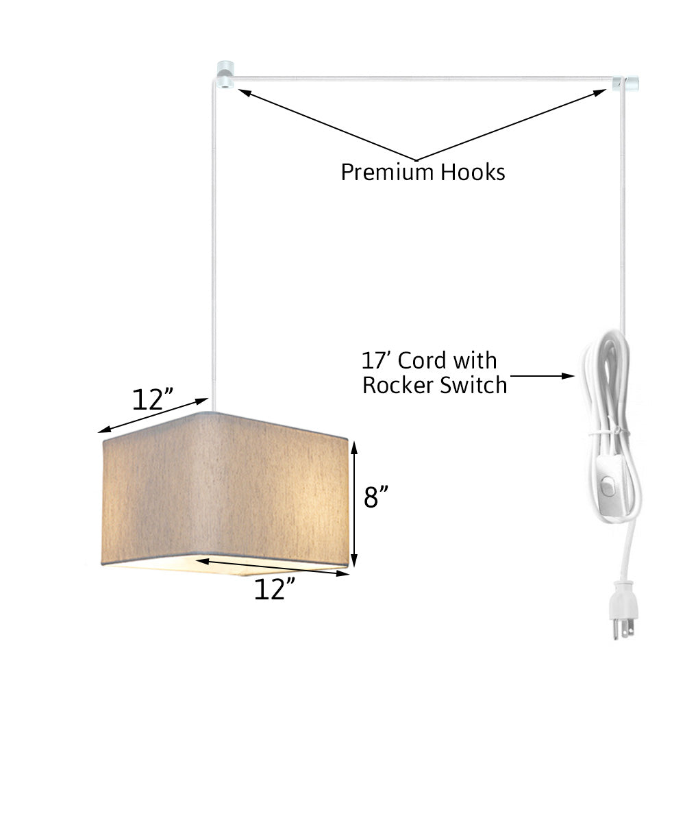 14W Plug-In Swag Pendant Light with Round Corner Square Oatmeal Drum Shade & White Cord - Perfect for Bedroom, Kitchen, or Dining Room Lighting