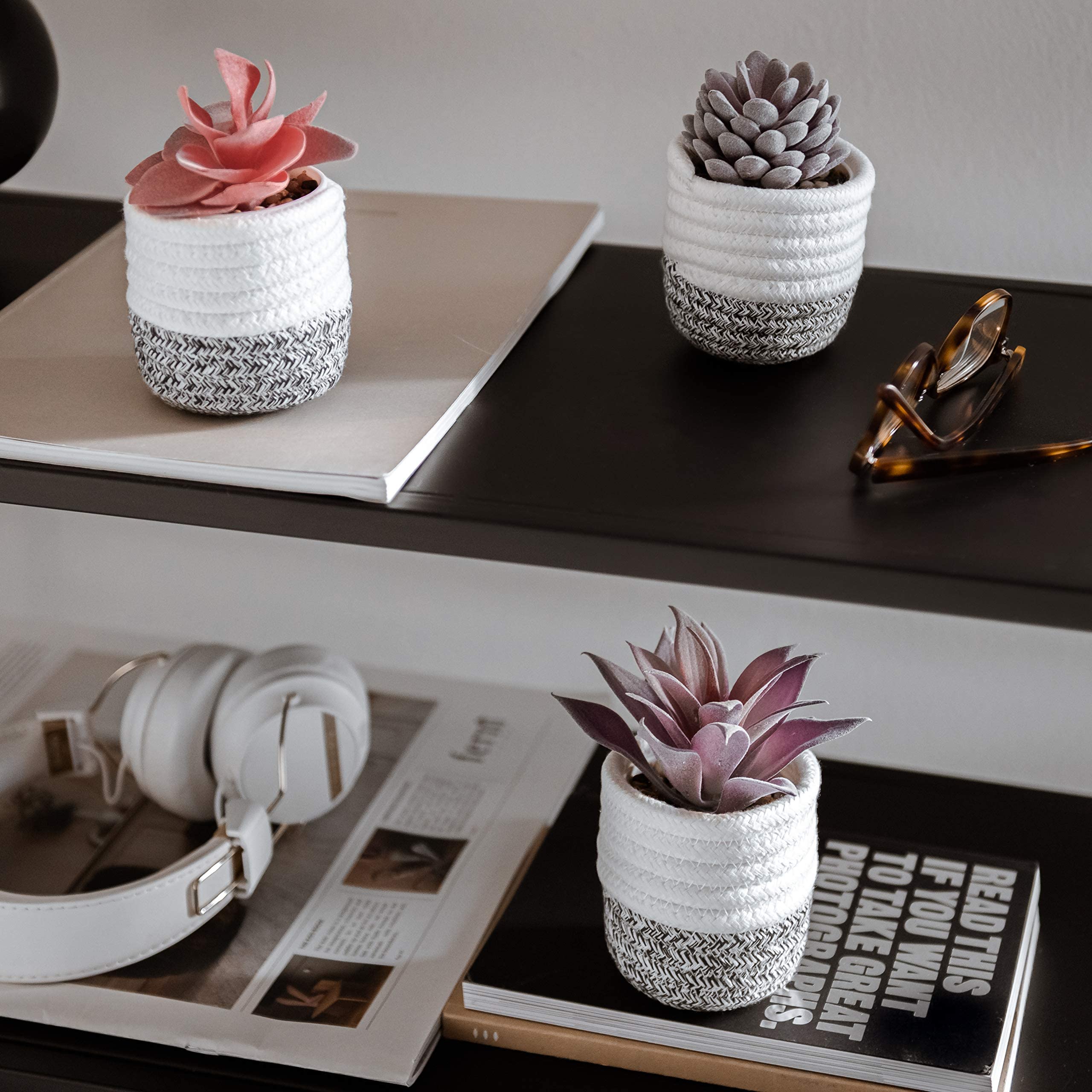 3Pcs Fake Succulent Plants in Boho Rope Basket Set - Farmhouse Faux Cactus Decor for Home, Office, Bedroom, Bathroom, Kitchen & Shelf - Perfect for Boho, Farmhouse & Modern Interior Design Styles