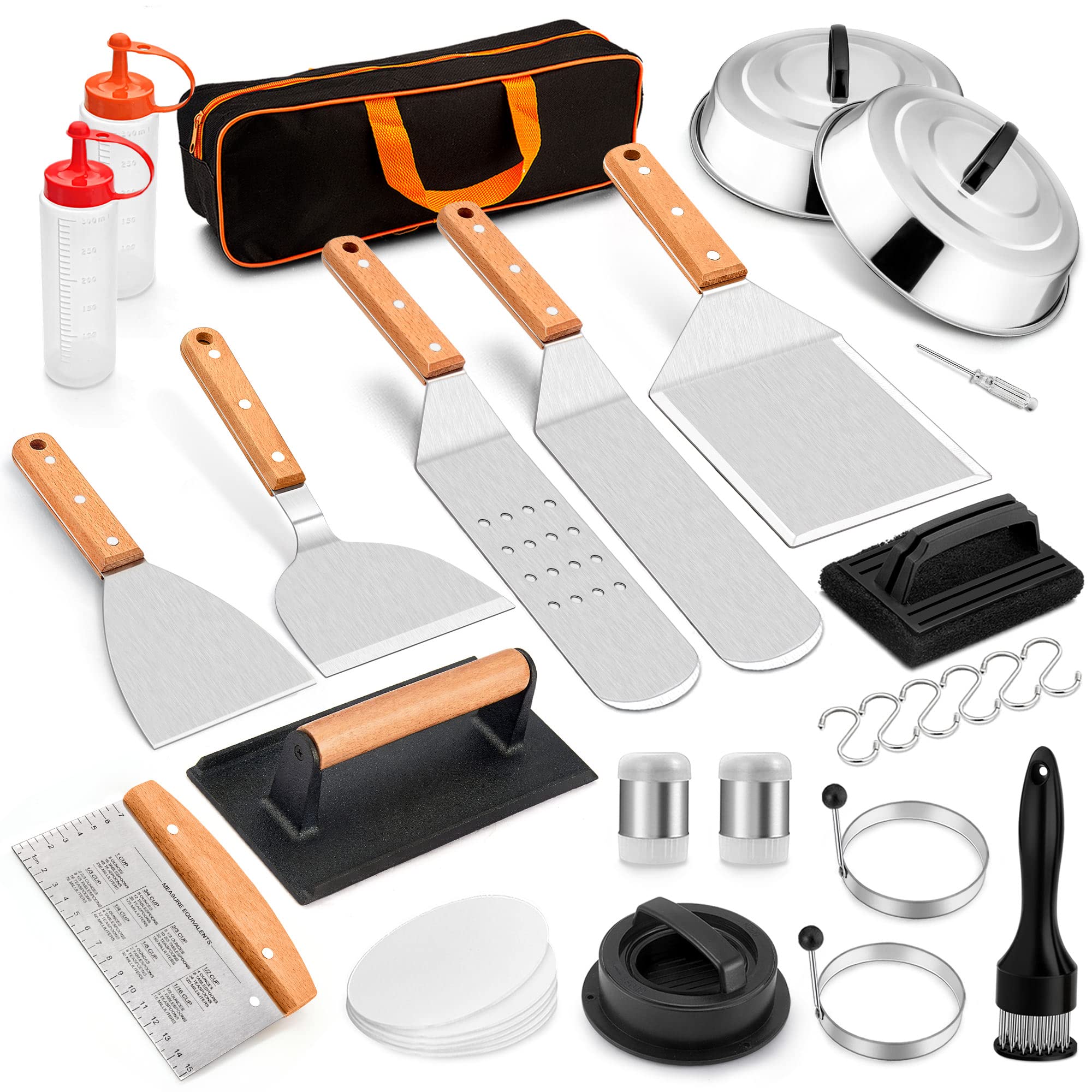 21Pcs Stainless Steel Griddle Accessories Kit - Leonyo Flat Top Grill Tools Set with Spatula, Melting Dome, Bacon Press, Burger Maker & Meat Tenderizer for Outdoor BBQ, Camping & Backyard Cooking