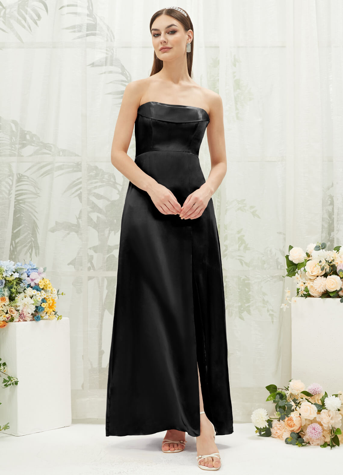 Elegant Black Satin Convertible Slit Maxi Bridesmaid Dress - Formal Evening Gown for Weddings, Prom & Special Occasions