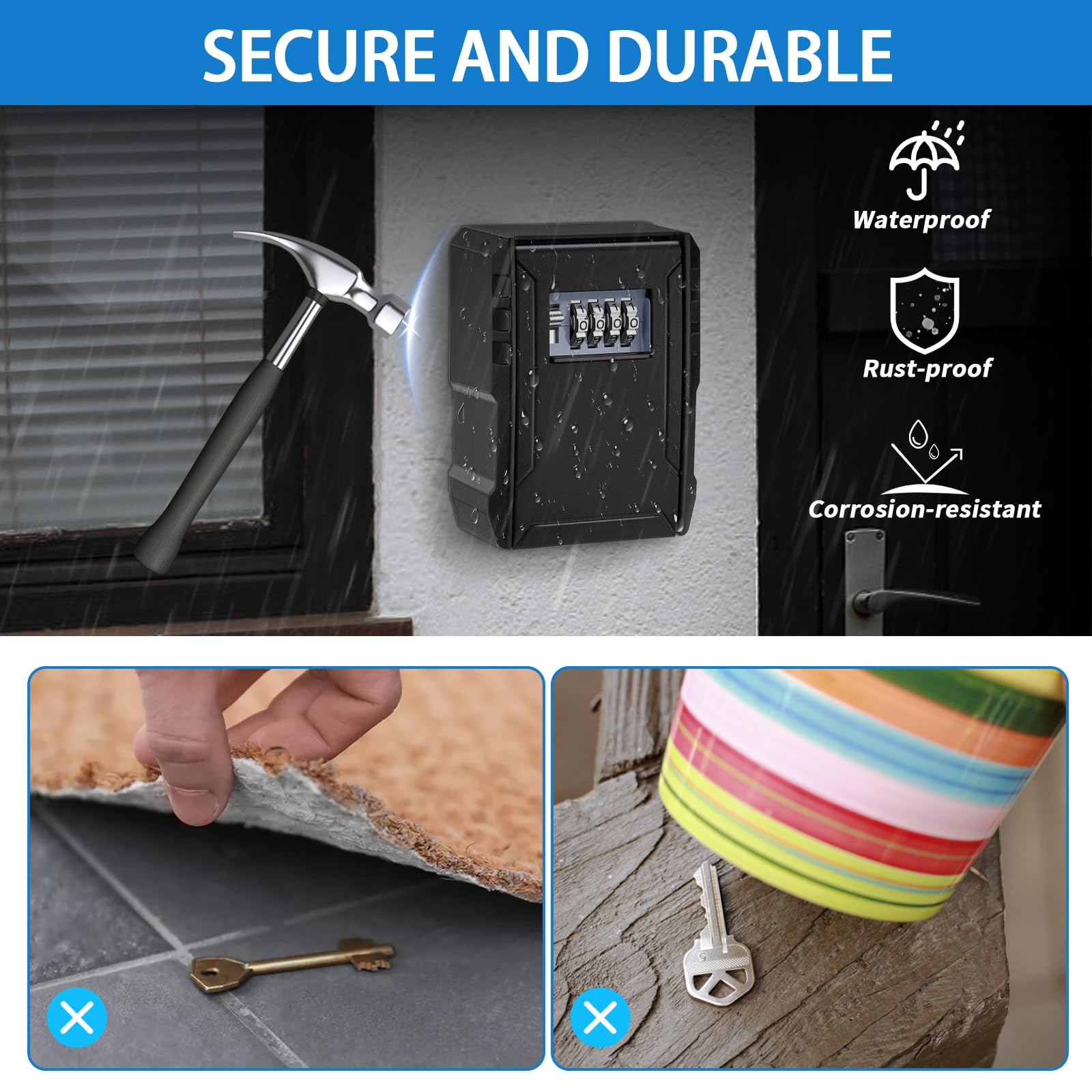 BKNOOU Large Waterproof 4-Digit Combination Lock Box for Keys - Outdoor Wall Mount Key Safe with Resettable Code - Perfect for Realtors, Home, Office & Warehouse Security (Weatherproof Key Storage Solution)