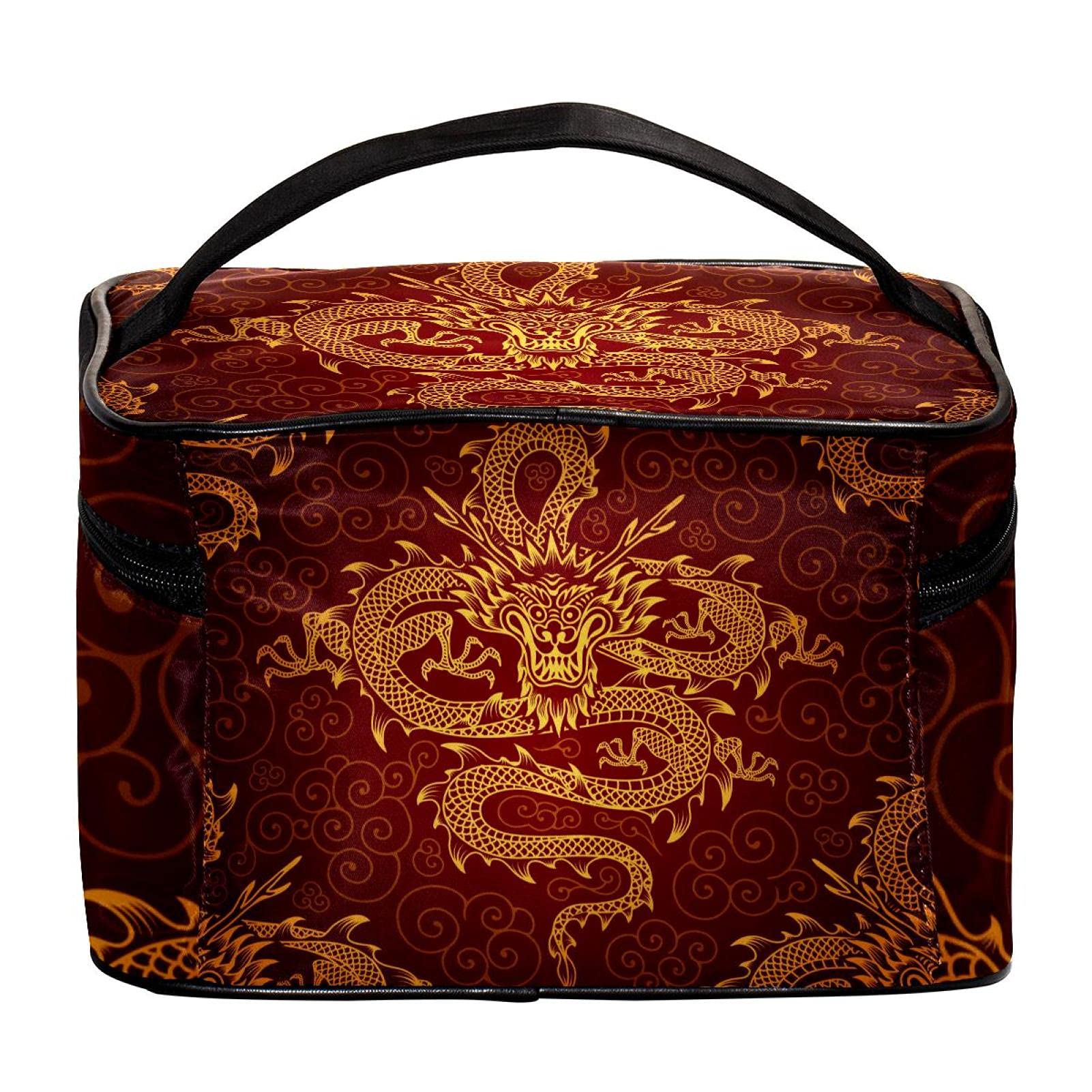 Premium Gold Dragon Red Pattern Travel Makeup Bag - Large Cosmetic Organizer with Zipper for Women & Girls | Perfect for Vacation, Gym, Business Trips & Daily Use