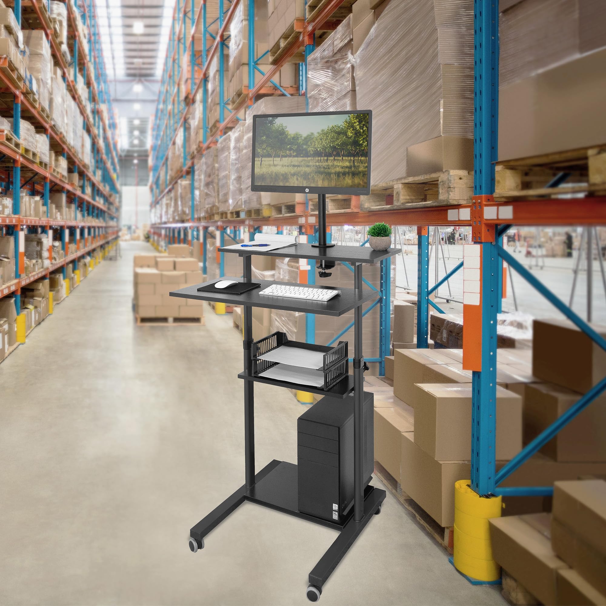 Mount-It MI-7942B Adjustable Mobile Standing Desk - Rolling Workstation with Monitor Arm for Home & Office - Ergonomic Height-Adjustable Computer Cart (Black) | Perfect for Remote Work, Presentations & Small Spaces