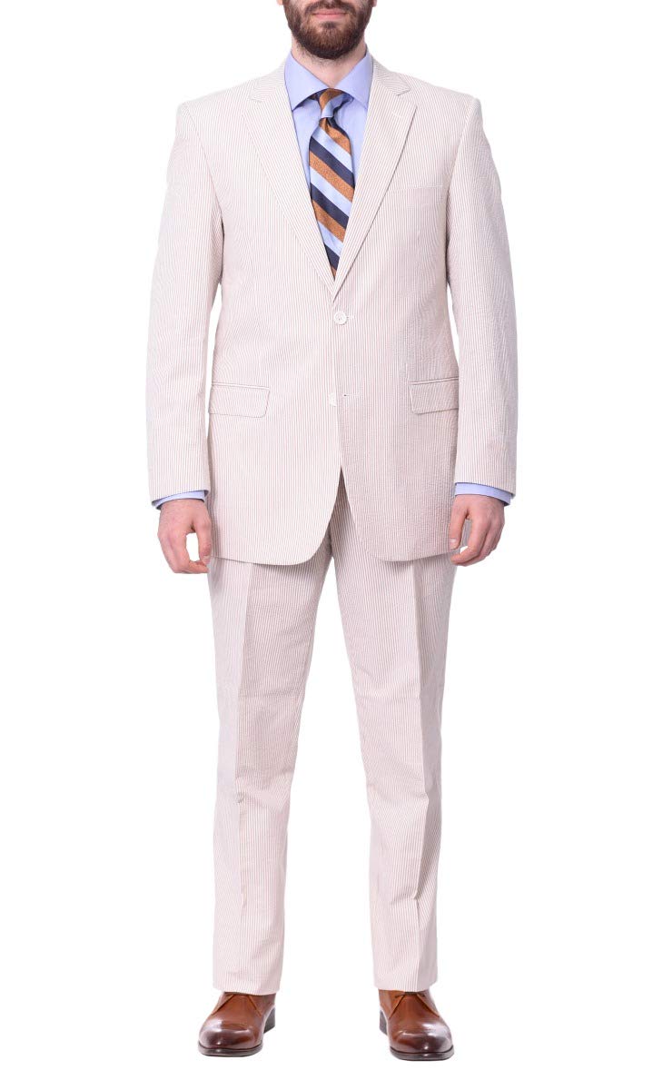 Emigre 41R Men's 100% Cotton Tan Striped Seersucker Suit - Lightweight Summer Business Attire for Weddings & Formal Events