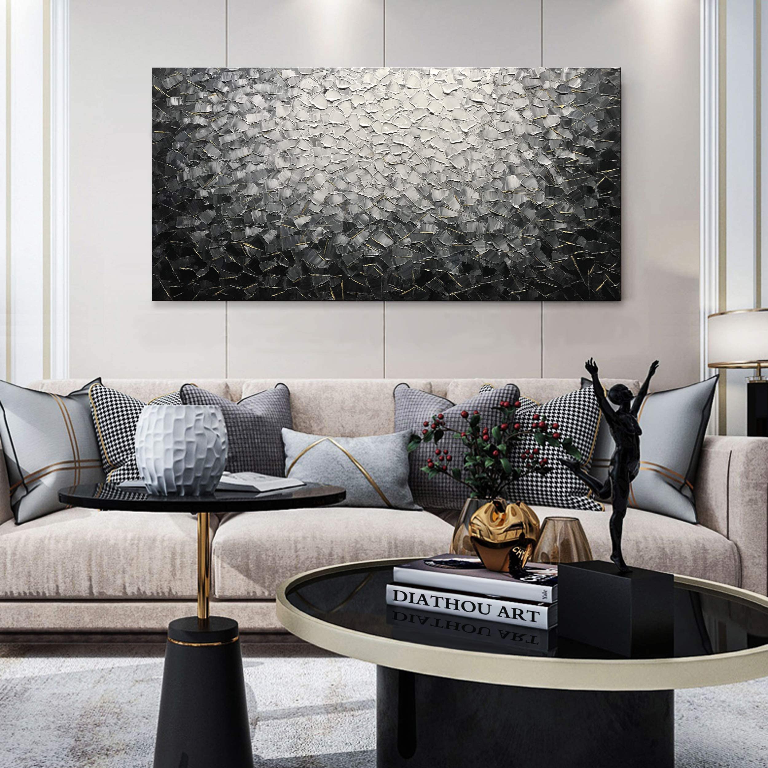 Modern Abstract Wall Art Canvas - 100% Hand-Painted Black & White Oil Painting - Large 24x48 Inch Wall Mural for Living Room Decor - Perfect for Home, Office & Modern Interior Design