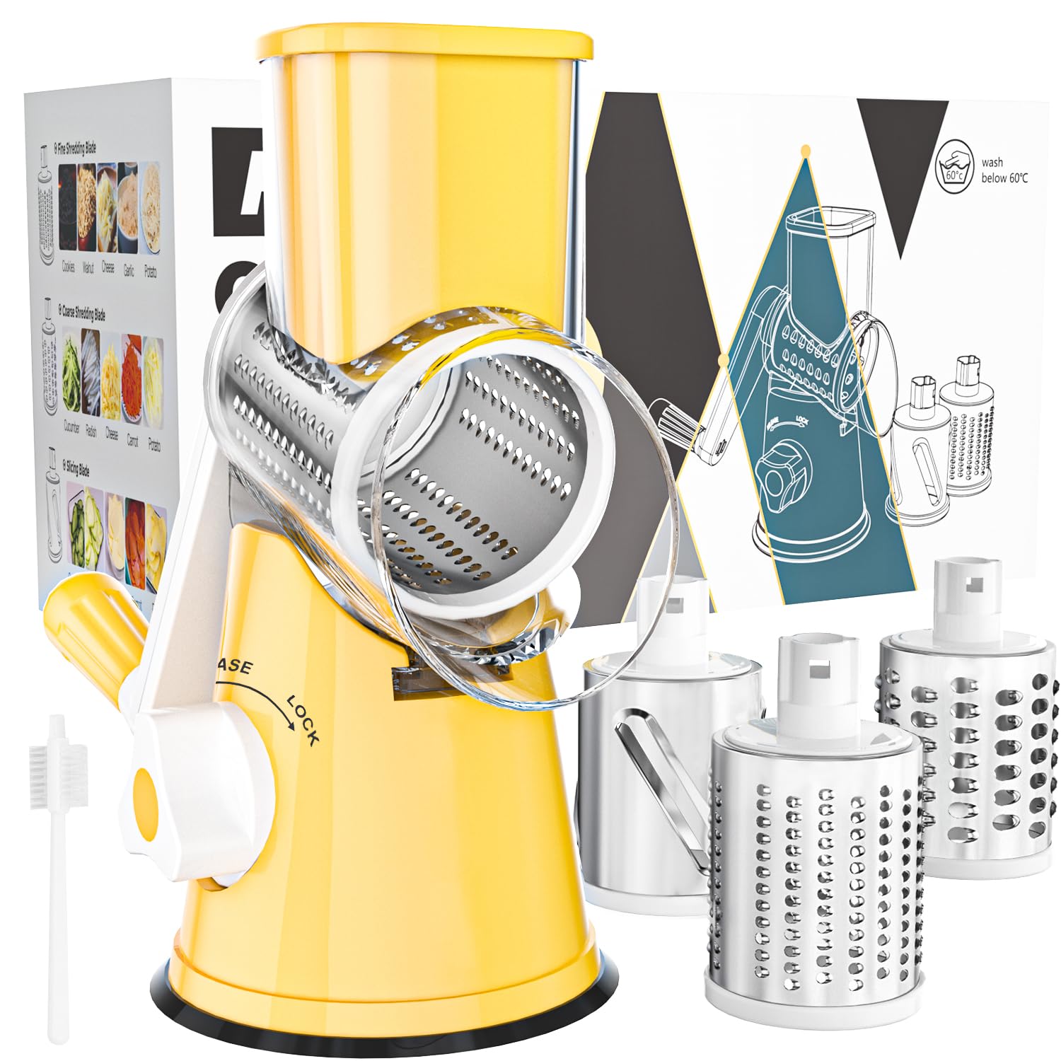 Cambom Rotary Cheese Grater - Hand Crank Cheese Shredder for Fresh Cheese, Vegetables & Nuts - Non-Slip Suction Base - Includes Free Cleaning Brush & 3 Blades (Yellow) - Perfect for Kitchen, Pizza Making & Salad Prep