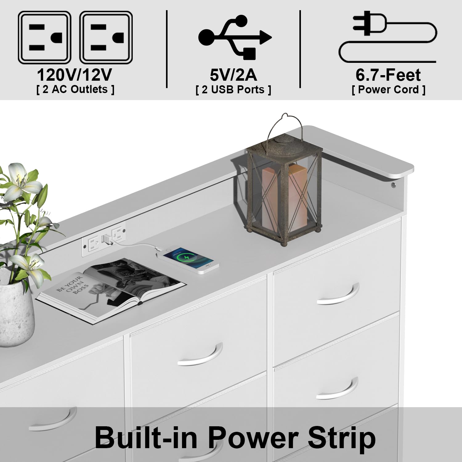 EXOTICA 9-Drawer White Dresser with LED Lights & USB Charging Station - Sturdy Steel Frame & Wooden Top for Bedroom, Entryway, Living Room, Hallway | Easy Pull Handles, Modern Storage Solution for Clothes & Accessories