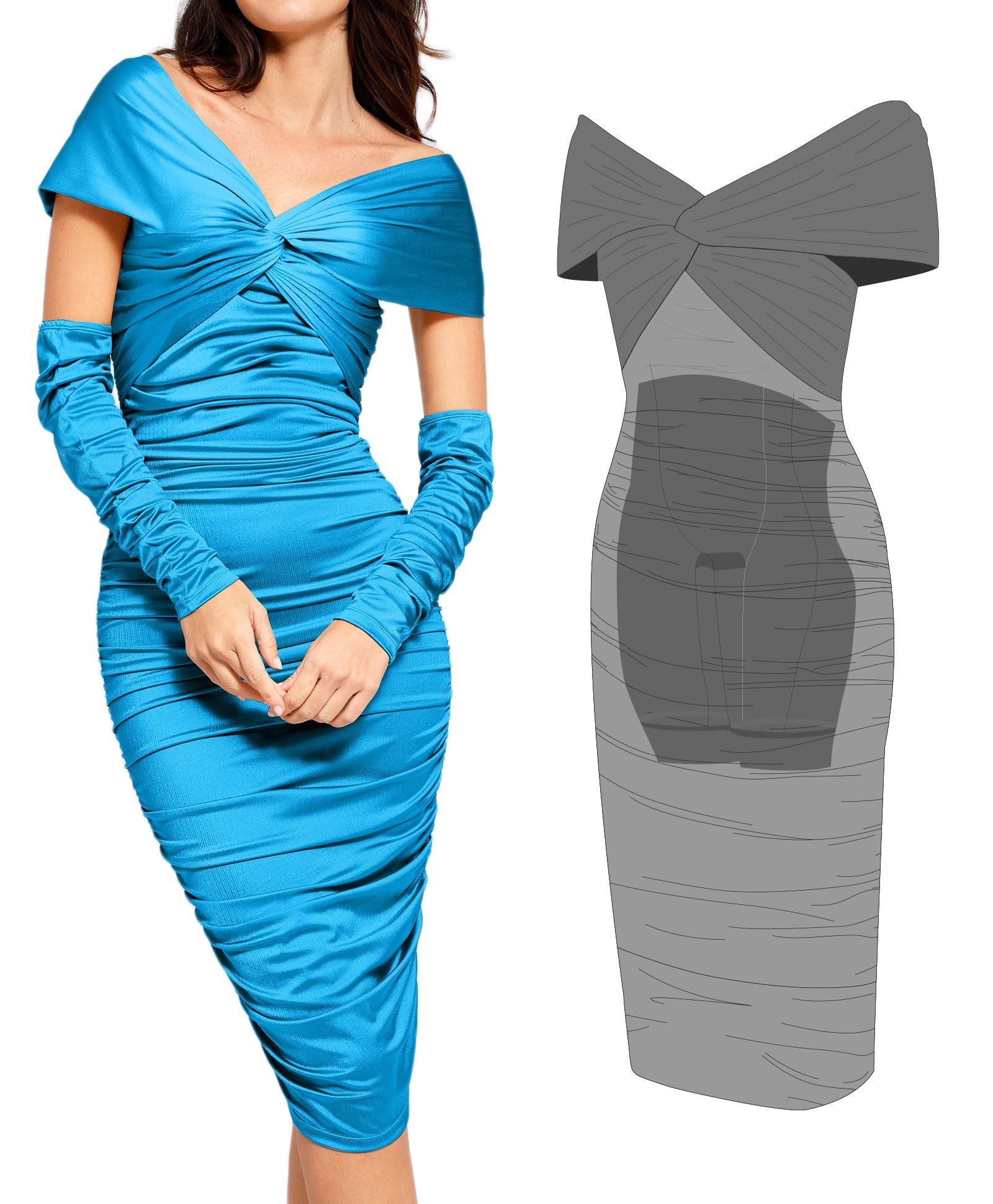 Popilush Shapewear Dress with Sleeves - Multi-Way Wear Off Shoulder Ruched Bodycon Cocktail Dress for Women | Slimming Party, Wedding & Evening Occasions