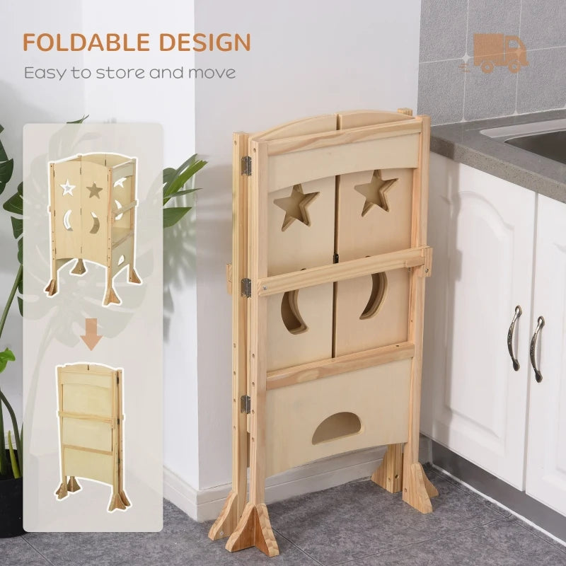 Qaba Kids Toddler Tower - Natural Wood Learning Step Stool for Kitchen, Montessori Helper for Babies & Toddlers - Safe Standing Platform for Cooking, Baking & Learning Independence