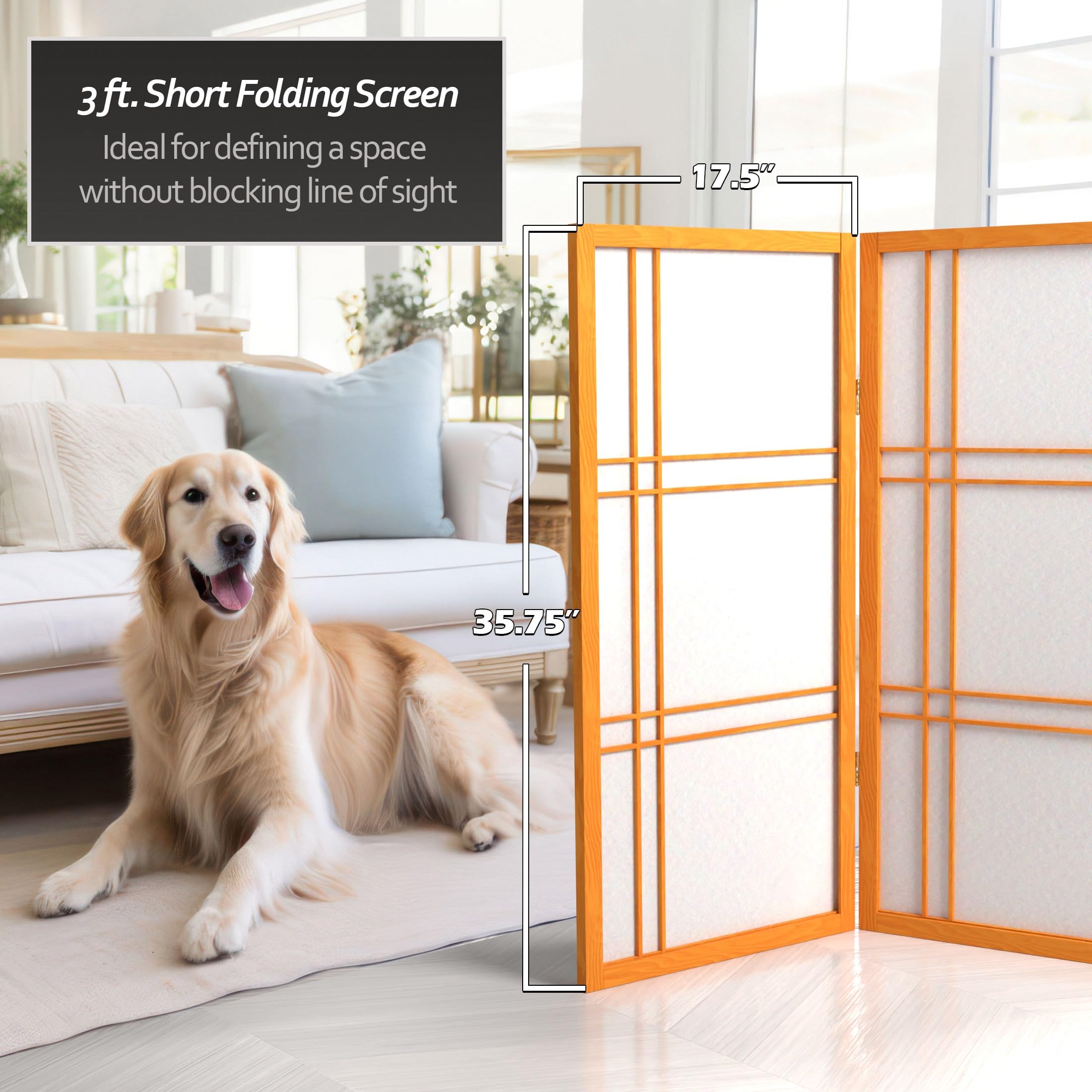 3 ft. Short Double Cross Shoji Screen - Honey Bamboo Wood - 3 Panel Room Divider for Home, Office & Meditation Space - Lightweight & Foldable Privacy Partition