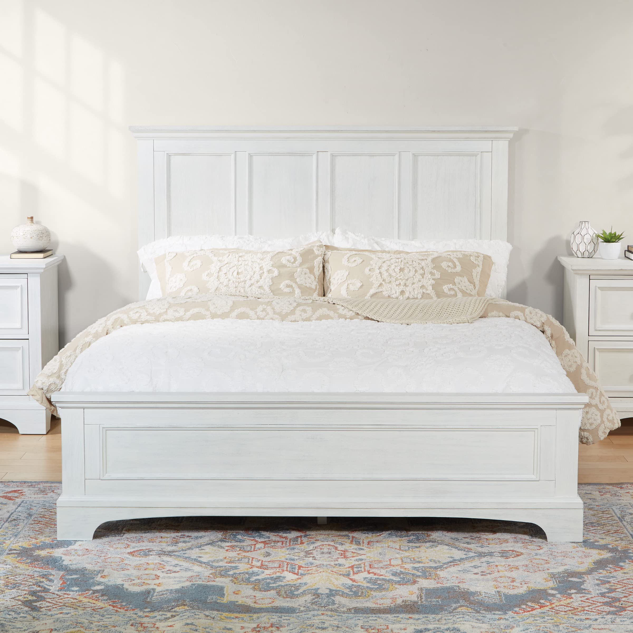 OSP Home Furnishings 4-Piece Farmhouse Bedroom Set - Queen Bed, 2 Nightstands & 3-Drawer Chest in Rustic White | Perfect for Cozy Country-Style Bedrooms & Guest Rooms