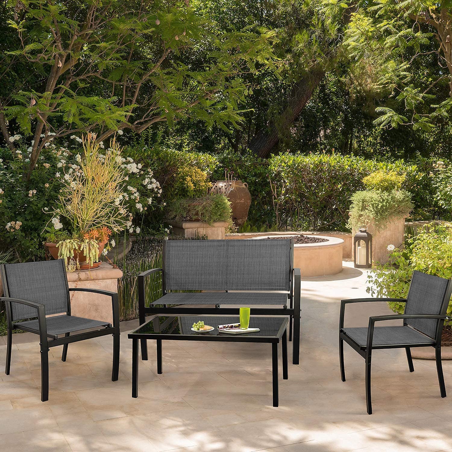 JUMMICO 4-Piece Modern Outdoor Patio Furniture Set - Black Garden Conversation Bistro Set with Glass Coffee Table for Porch, Lawn & Backyard | Perfect for Entertaining, Relaxing & Outdoor Dining