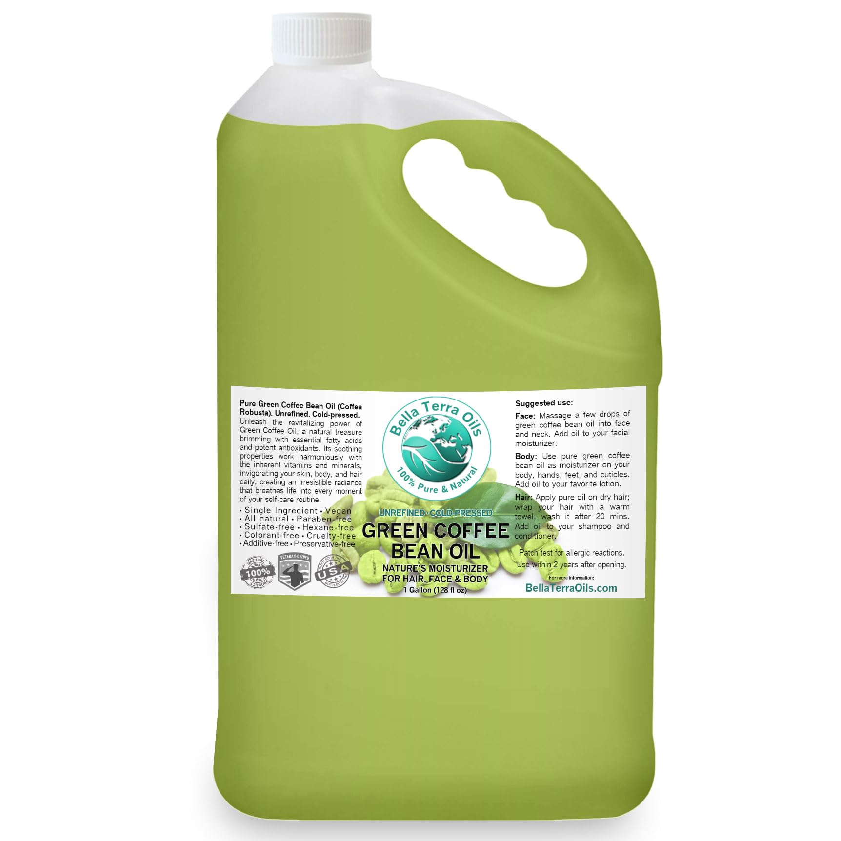 Bella Terra Green Coffee Bean Oil - 1 Gallon, 100% Pure & Natural, Rich in Antioxidants, Deep Moisturizer for Skin & Hair | Perfect for Aromatherapy, Massage & DIY Beauty Products