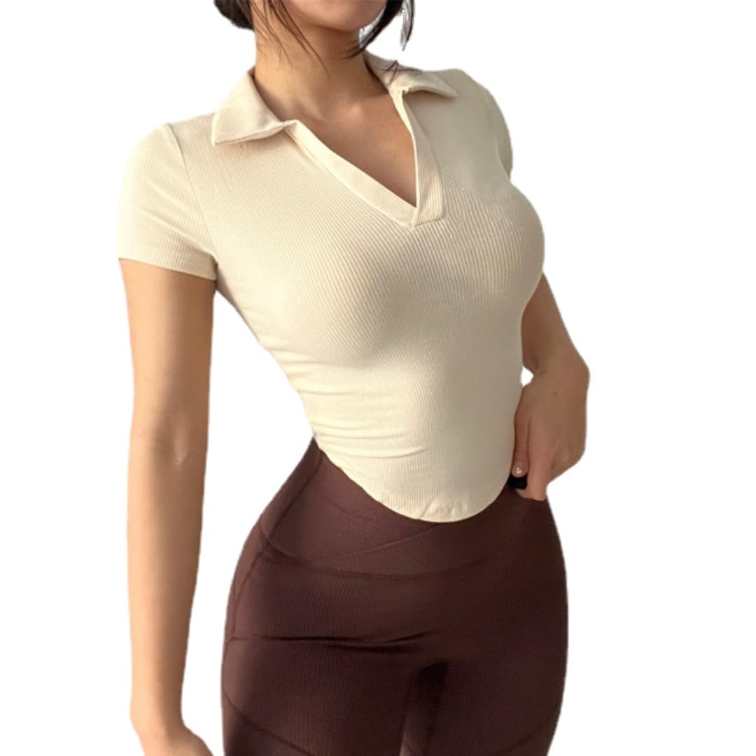 Women's Polo V-Neck T-Shirts - Sexy Casual & Workout Crop Tops for Everyday Wear, Gym, and Office Outfits