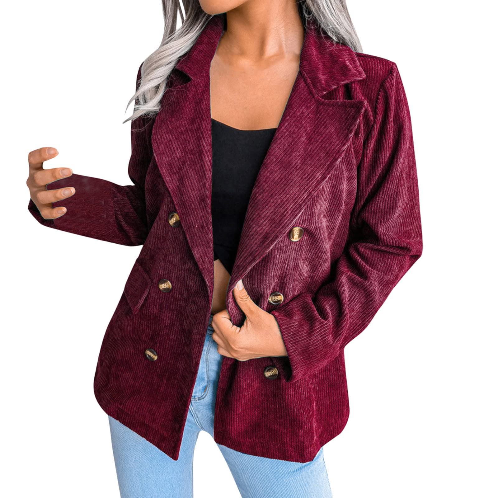 Women's Oversized Blazer - Double Breasted Corduroy Jacket with Long Sleeves & Hood - Work Coat for Women | Perfect for Office, Casual Outfits & Fall Fashion