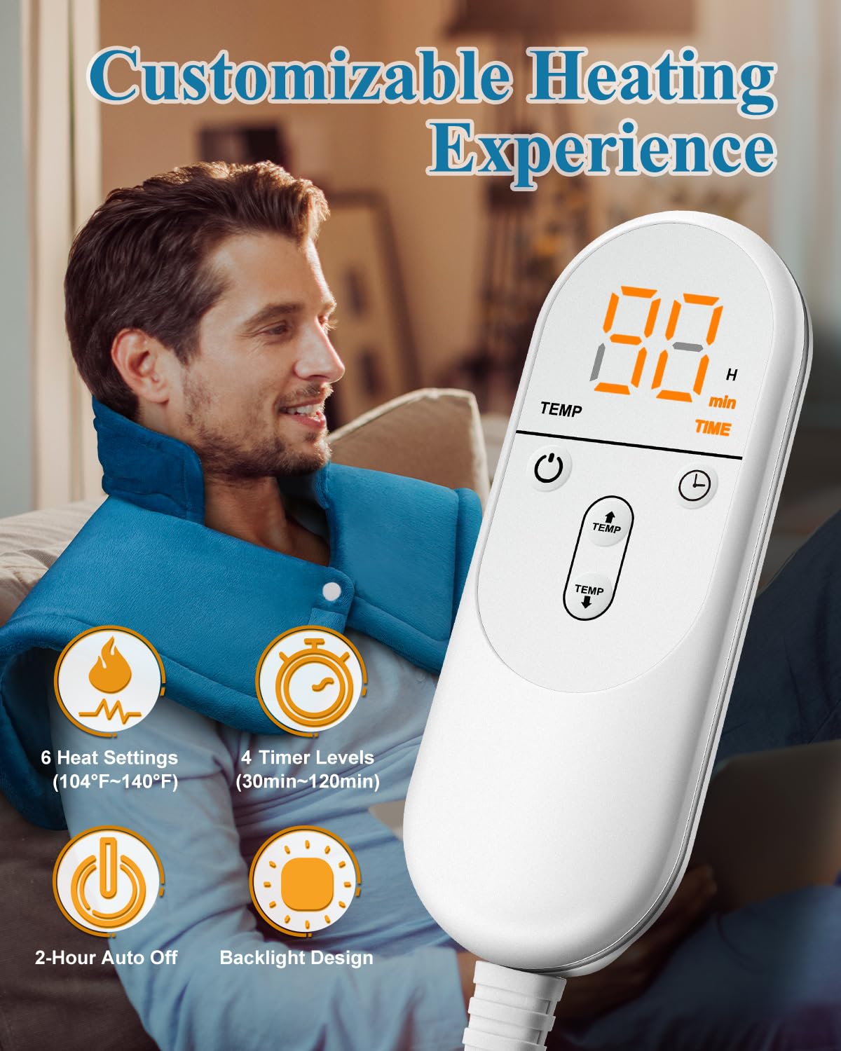 Electric Heating Pad for Neck & Shoulder Pain Relief - Weighted Heat Therapy Pad for Back Pain - Perfect Mothers Day, Birthday & Anniversary Gift for Women, Men, Mom, Dad - Use at Home, Office or Travel - Blue