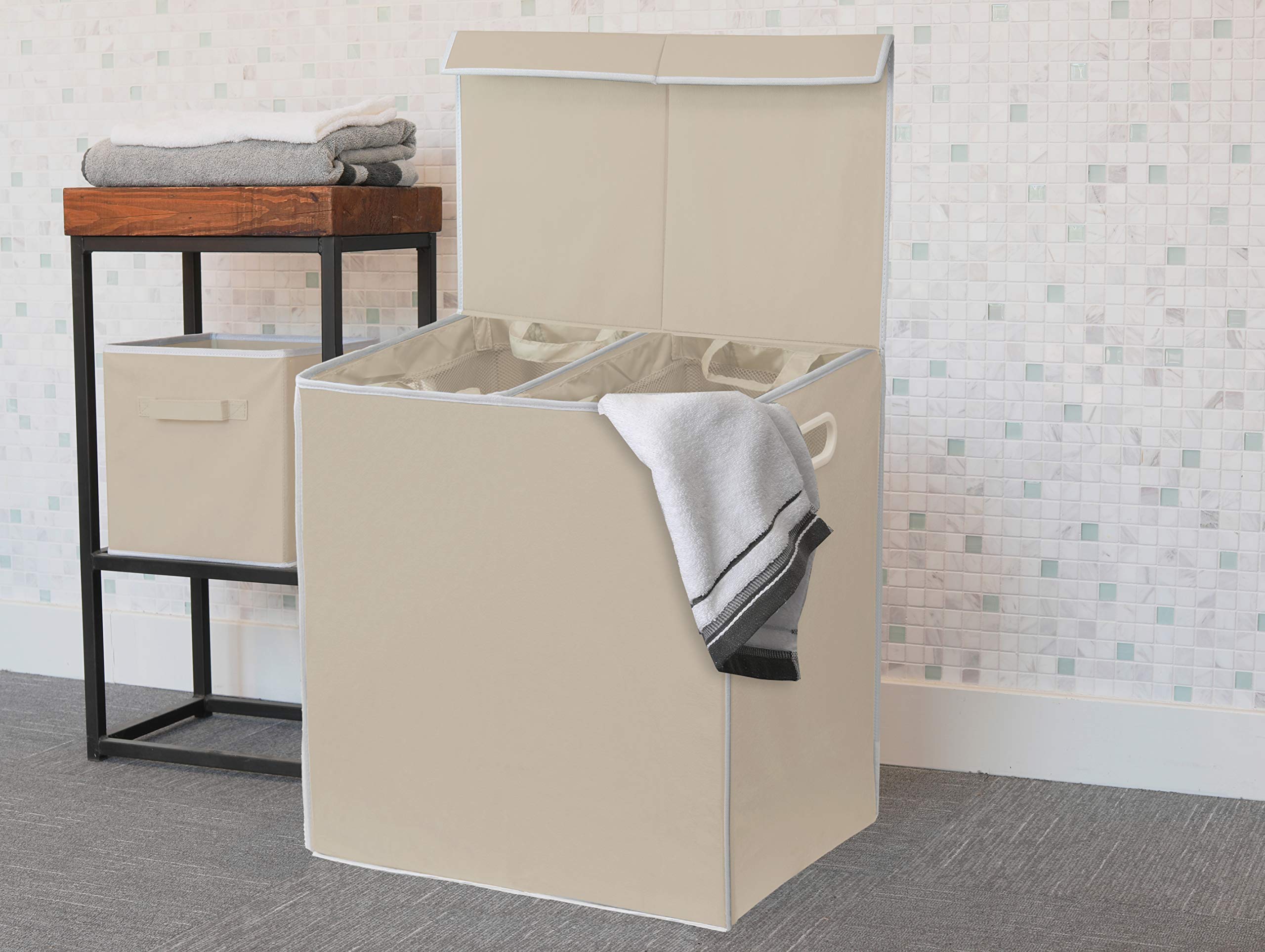 Simple Houseware Double Laundry Hamper with Lid & Removable Laundry Bags - Beige Foldable Clothes Hamper for Bedroom, Bathroom & Dorm Organization