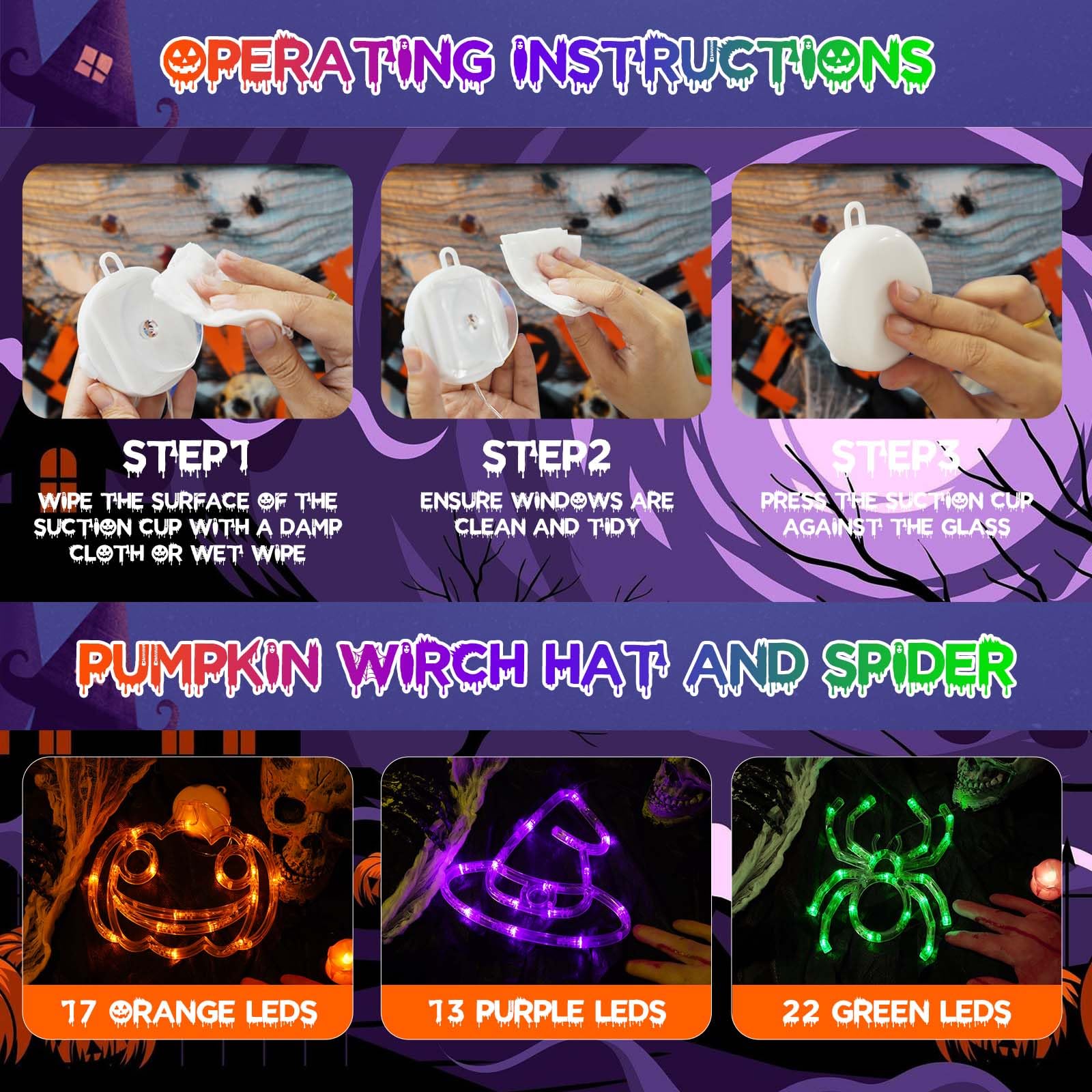 3 Pack Halloween Decorations - Orange Pumpkin, Purple Witch Hat & Green Spider LED Lights with Suction Cups | Battery Operated, Timer & 2 Lighting Modes | Perfect for Window, Door & Indoor Halloween Party Decorations