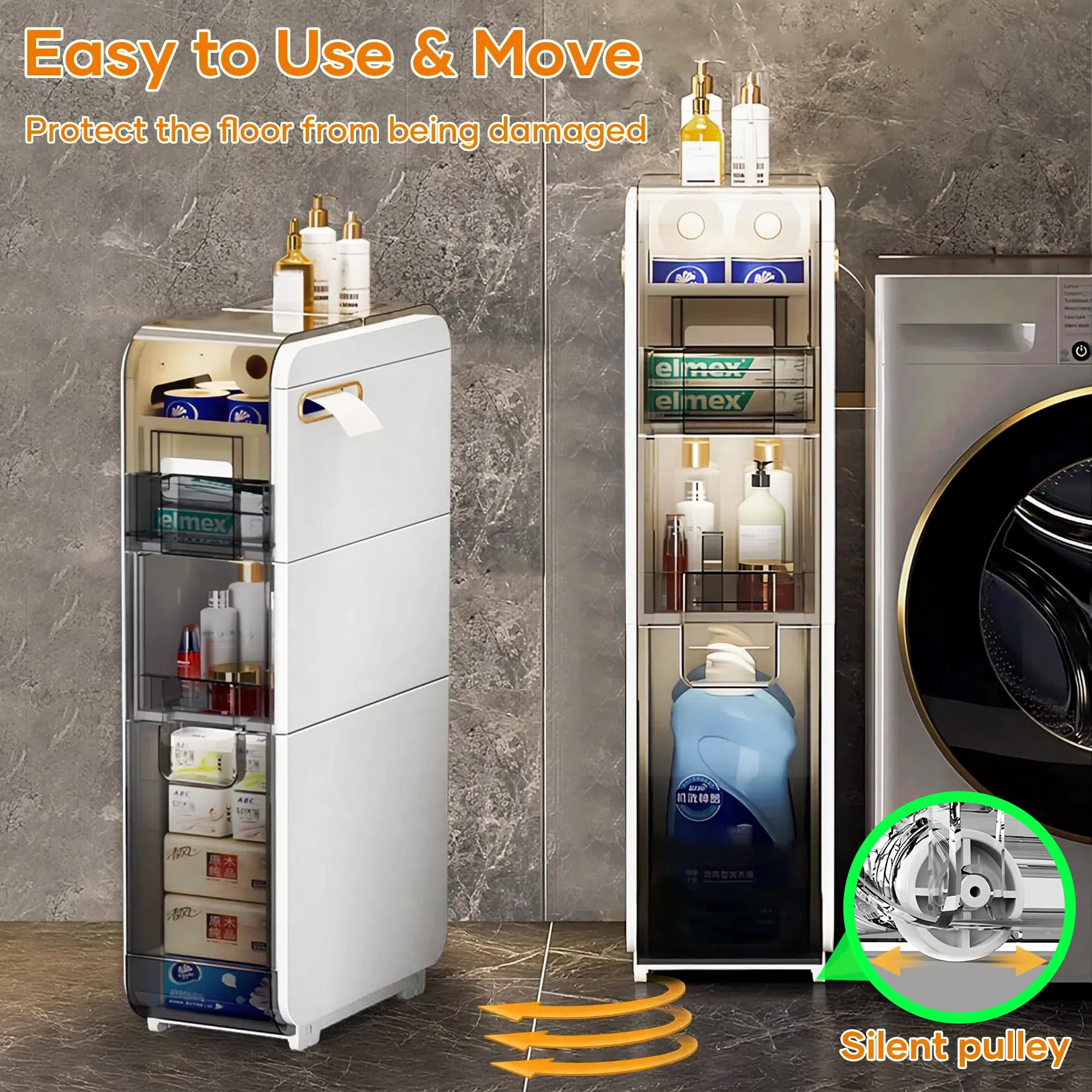 4-Tier Slim Bathroom Storage Cabinet with Drawers & Toilet Paper Holder - Space-Saving Narrow Organizer for Small Bathrooms, Kitchen, Laundry Room - Durable Plastic Floor Cabinet for Toiletries, Towels & Cleaning Supplies (Perfect for Apartments & Compact Spaces)