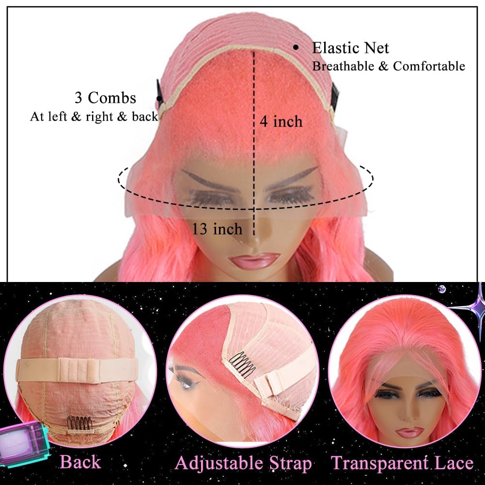 LZGYE 13x4 HD Lace Front Wig - 150% Density 22 Inch Pink Straight Human Hair Wig with Baby Hair & Transparent Lace | Colored Closure for Women | Perfect for Cosplay, Parties & Daily Styling