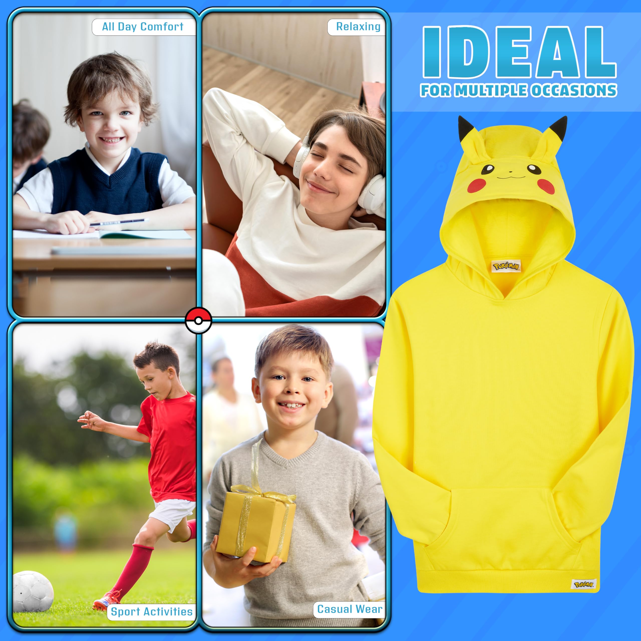 Pokémon Pikachu 3D Hooded Sweatshirt with Ears for Boys - Kids' Cartoon Character Costume Hoodie | Birthday Gift, Cosplay, Halloween Costume, Anime Fan Apparel