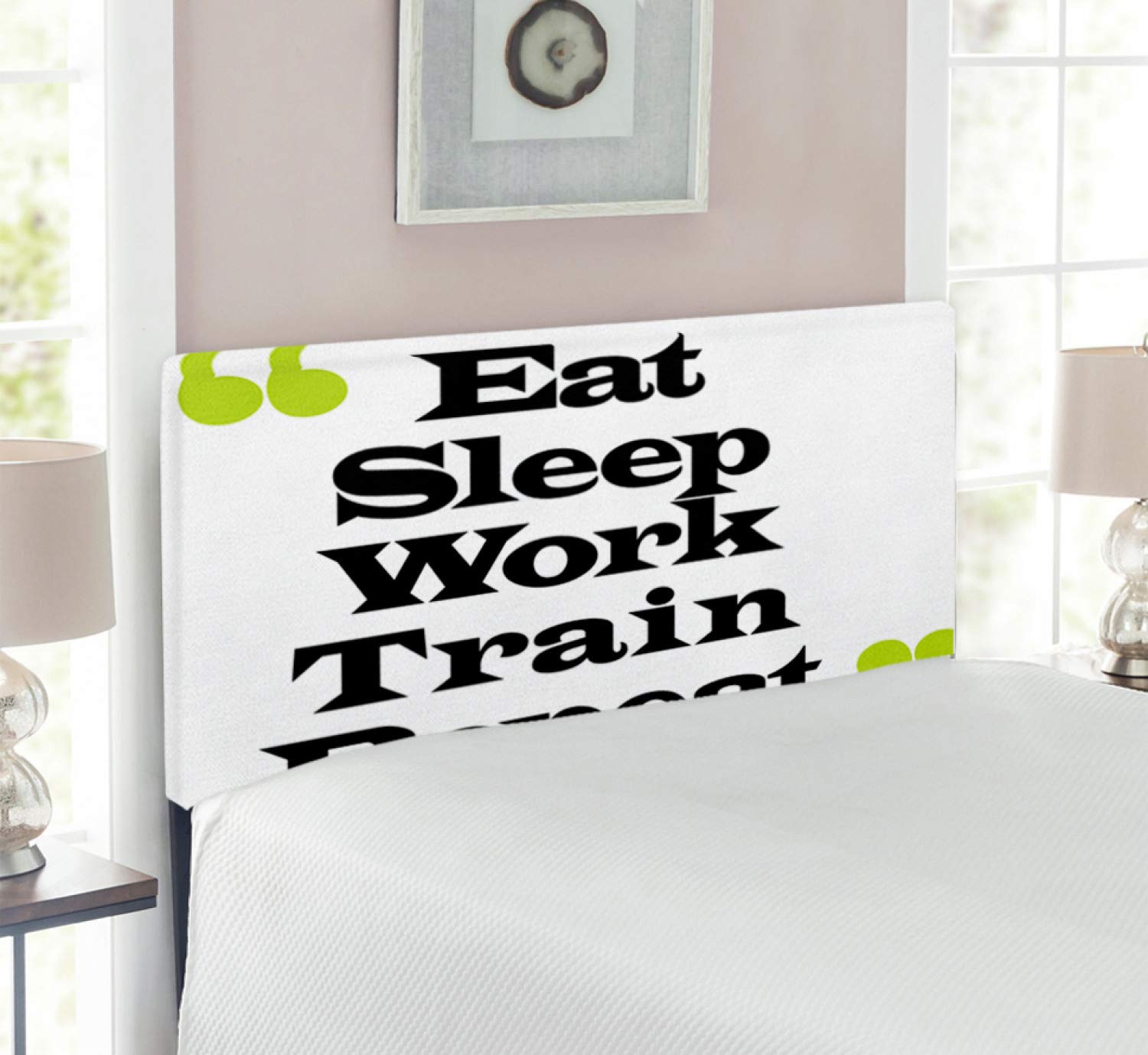 Ambesonne Upholstered Metal Headboard with Memory Foam - Twin Size Bed Frame in Yellow Green Black White - Creative Typographic 'Eat Sleep Work Train Repeat' Design - Perfect for Modern Bedrooms, Guest Rooms & Dorm Decor