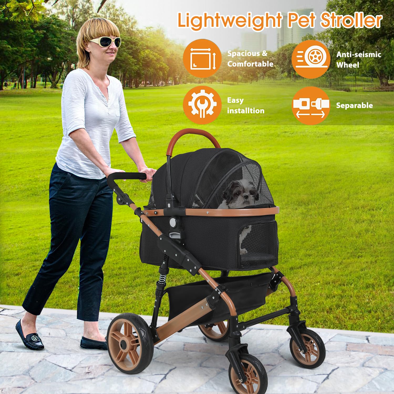 BestPet Premium 3-in-1 Folding Pet Stroller for Large & Medium Dogs & Cats - Aluminum Frame, 66lbs Capacity, Lightweight Travel Stroller with Detachable Carrier - Perfect for Walks, Vet Visits & Outdoor Adventures (Black)