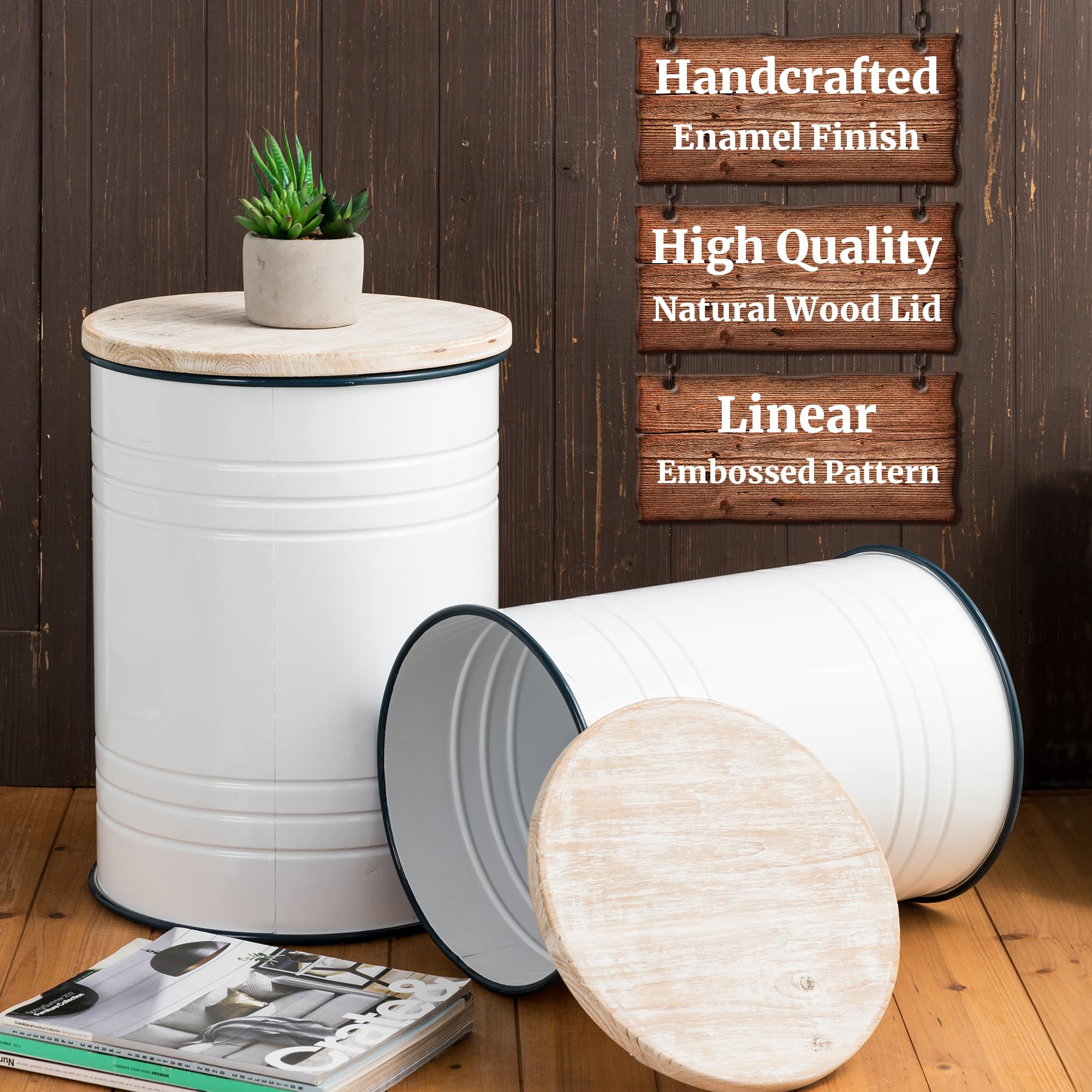 Glitzhome Rustic Storage Ottoman Seat Stool - Farmhouse End Table with Galvanized Dark Blue Rim & Round Wood Lid - Imitation Enamel Accent Side Table Toy Storage Bin for Living Room, Bedroom, Nursery - Set of 2 in White - Perfect for Home Decor, Extra Seating & Organization
