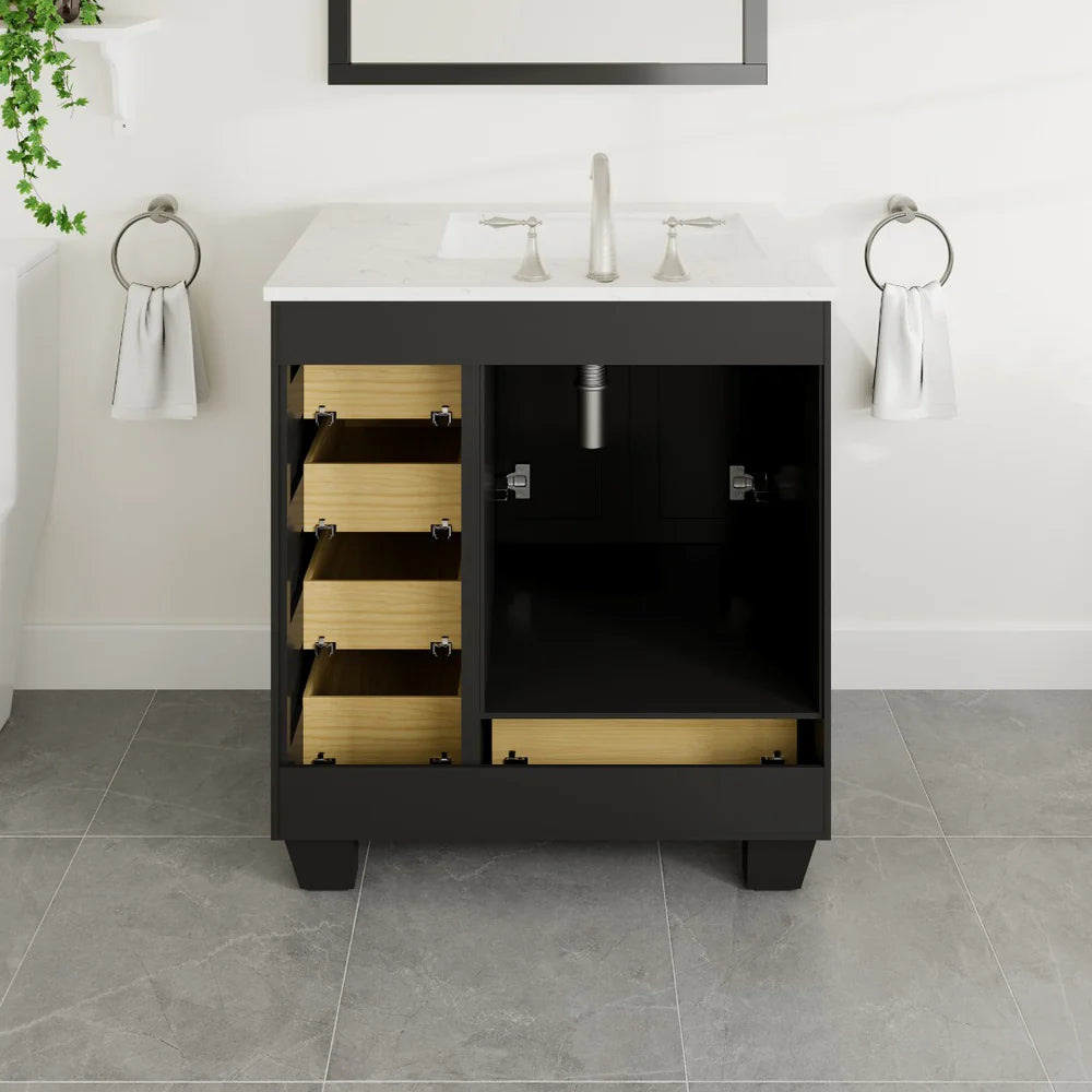 Eviva Acclaim 30 Inch Bathroom Vanity with Carrara Quartz Countertop - Modern White Bathroom Sink Cabinet for Small Spaces, Perfect for Powder Rooms and Guest Bathrooms