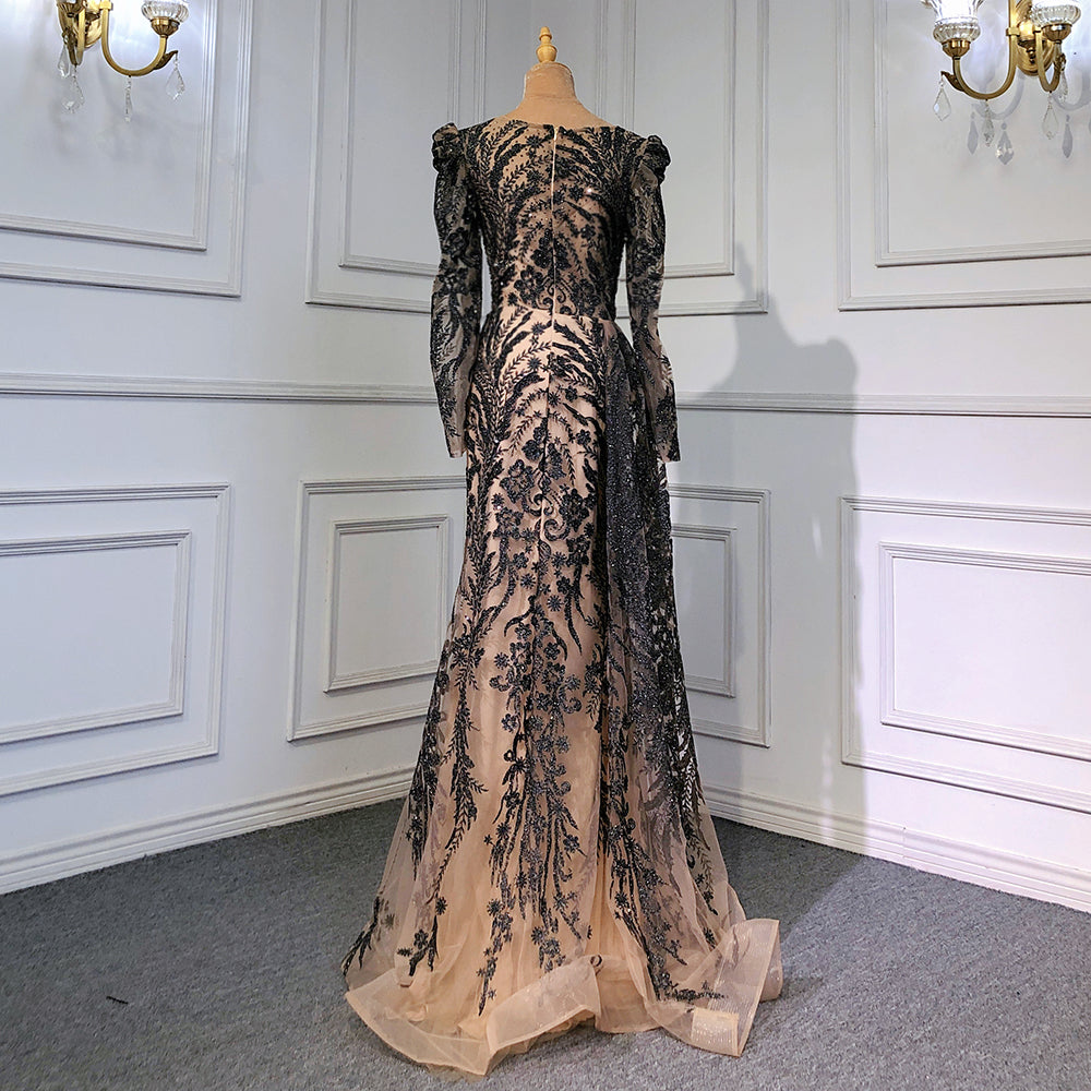 Elegant Muslim Brown Luxury Evening Dresses for Women 2025 - Beaded Mermaid Gown with Overskirt | Perfect for Weddings, Parties & Formal Events | LA71610