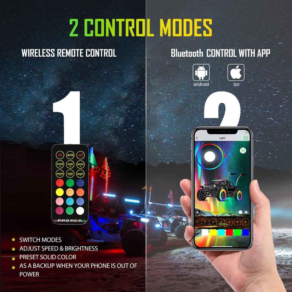 3FT/4FT LED RGB Whip Lights with Bluetooth & Remote Control - Universal Flagpole Light Mount for UTVs (Fits 1.75