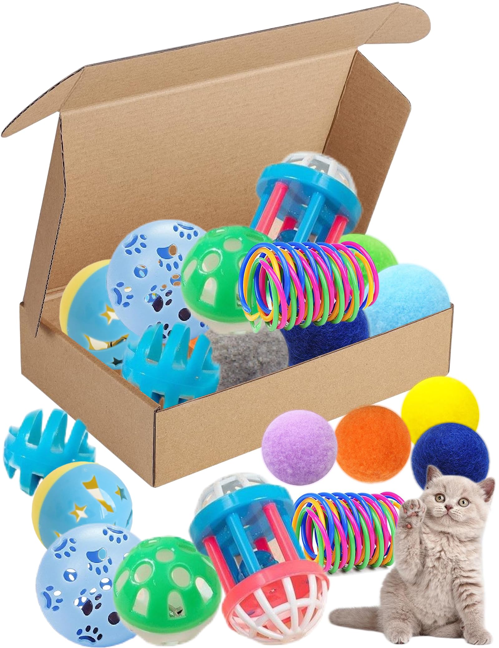 19 Piece Cat Toys Pack - 5 Bell Balls, 10 Plush Balls, 4 Spring Toys - Interactive Kitten Toys for Indoor Cats - Perfect for Playtime, Exercise & Bonding with Your Feline Friend