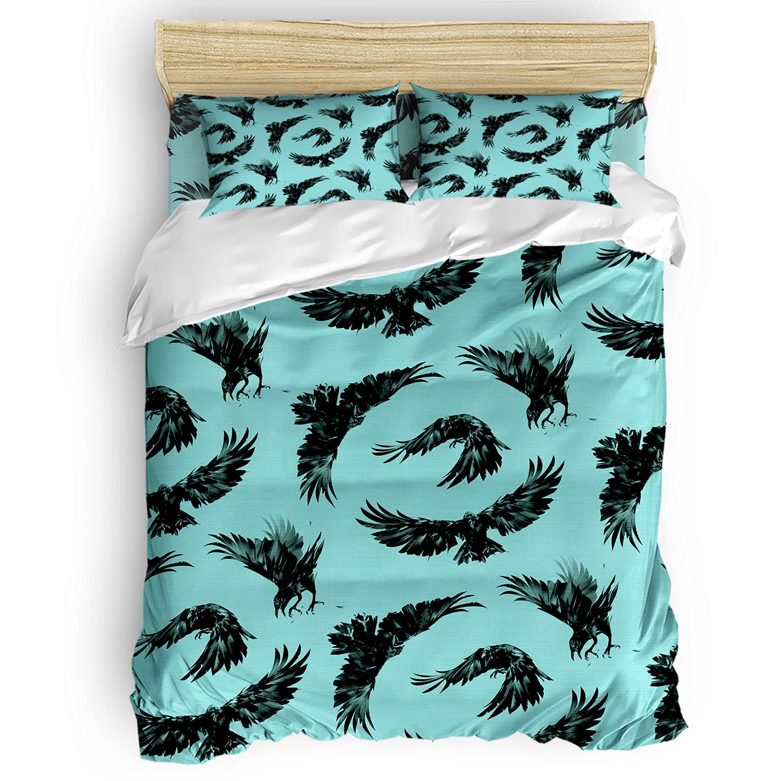 Happy Halloween Raven Aqua Duvet Cover Set Twin Size - 4 Piece Soft Breathable Bedding Set with Wrinkle-Free Comforter Cover, 2 Pillow Shams & Fitted Sheet | Cozy Halloween Decor for Kids & Teens Bedroom