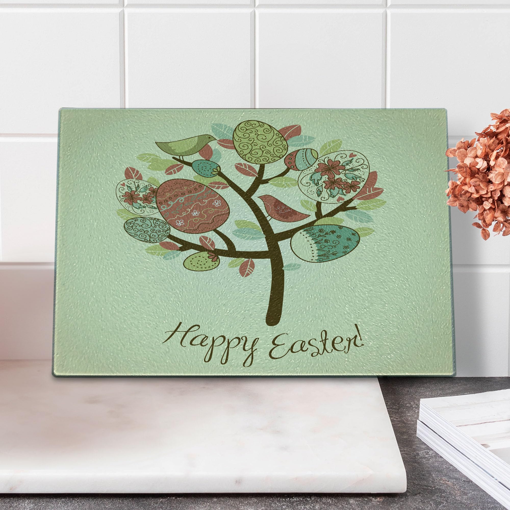 Ambesonne Easter Cutting Board - Vintage Spring Tree with Colorful Foliage, Ornate Eggs & Birds - Tempered Glass Serving Board for Holiday Decor & Kitchen Use - Small Size Multicolor - Perfect for Easter Celebrations, Party Serving & Home Decor