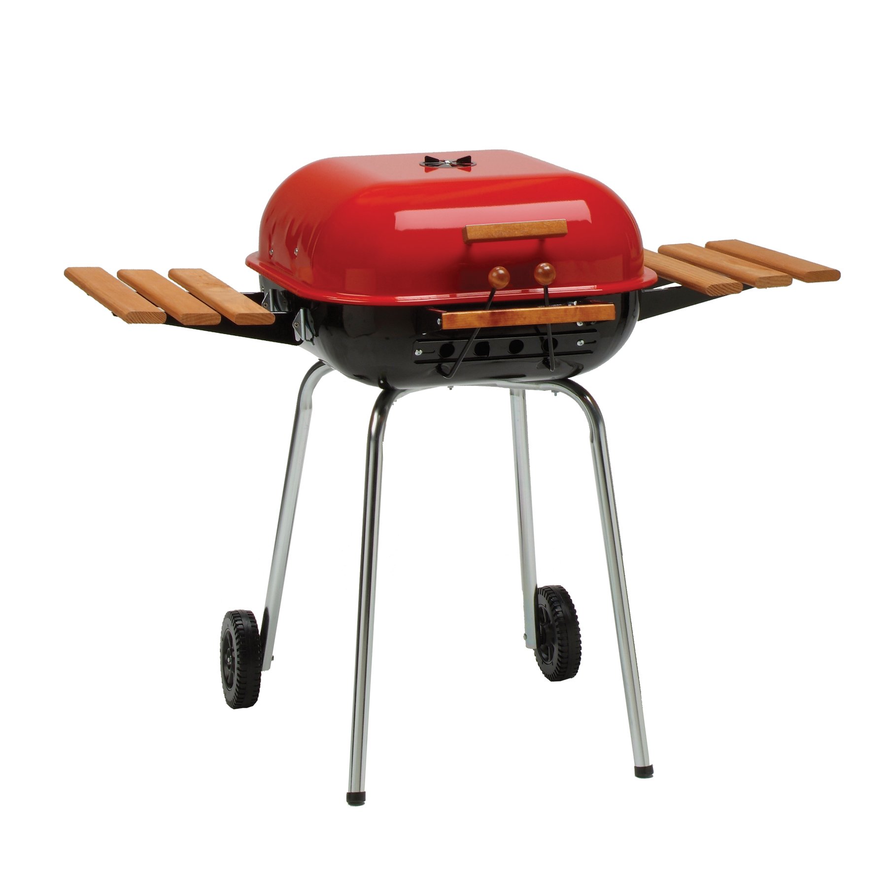 Americana Swinger Charcoal Grill with 2 Side Tables - Portable Outdoor BBQ Grill for Camping, Backyard, Picnics & Tailgating - Red