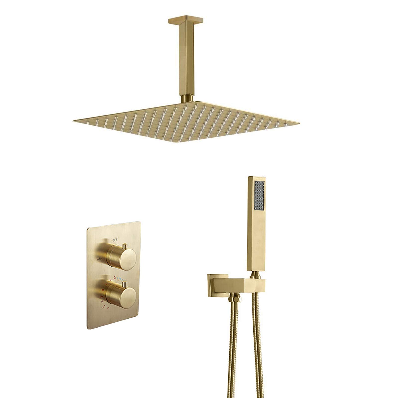Brushed Gold Thermostatic Shower Combo Set - Ceiling Mounted Bathroom Shower Faucet with 12 Inch Stainless Steel Rainfall Shower Head & Handheld Shower, Modern Embedded Box Design for Luxurious Spa-Like Experience